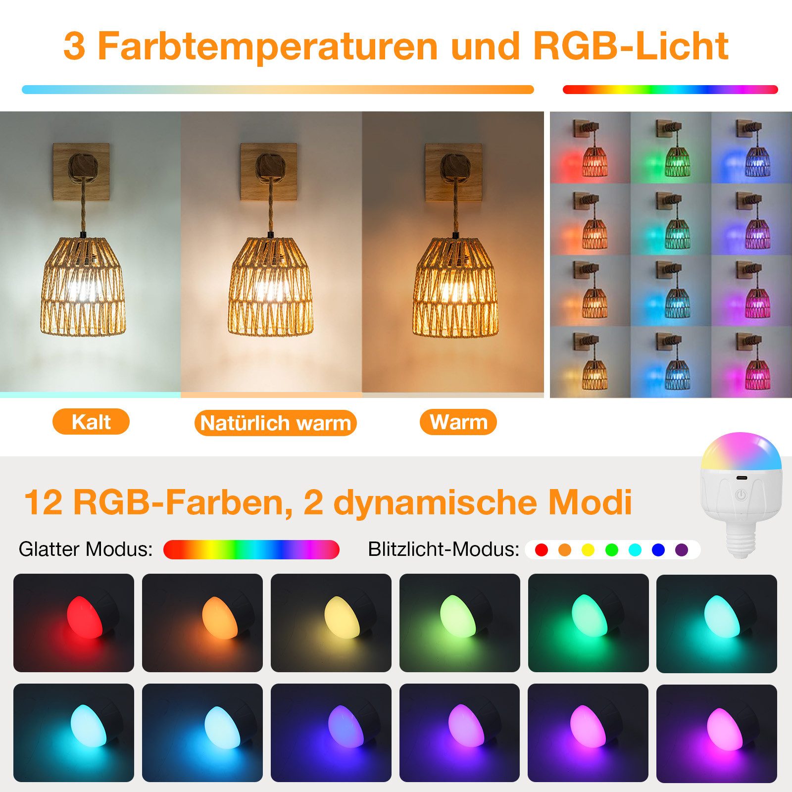 Jibenhome LED Wandleuchte Rattan Wandleuchte Batteriebetriebe,RGB Dimmbar,A günstig online kaufen