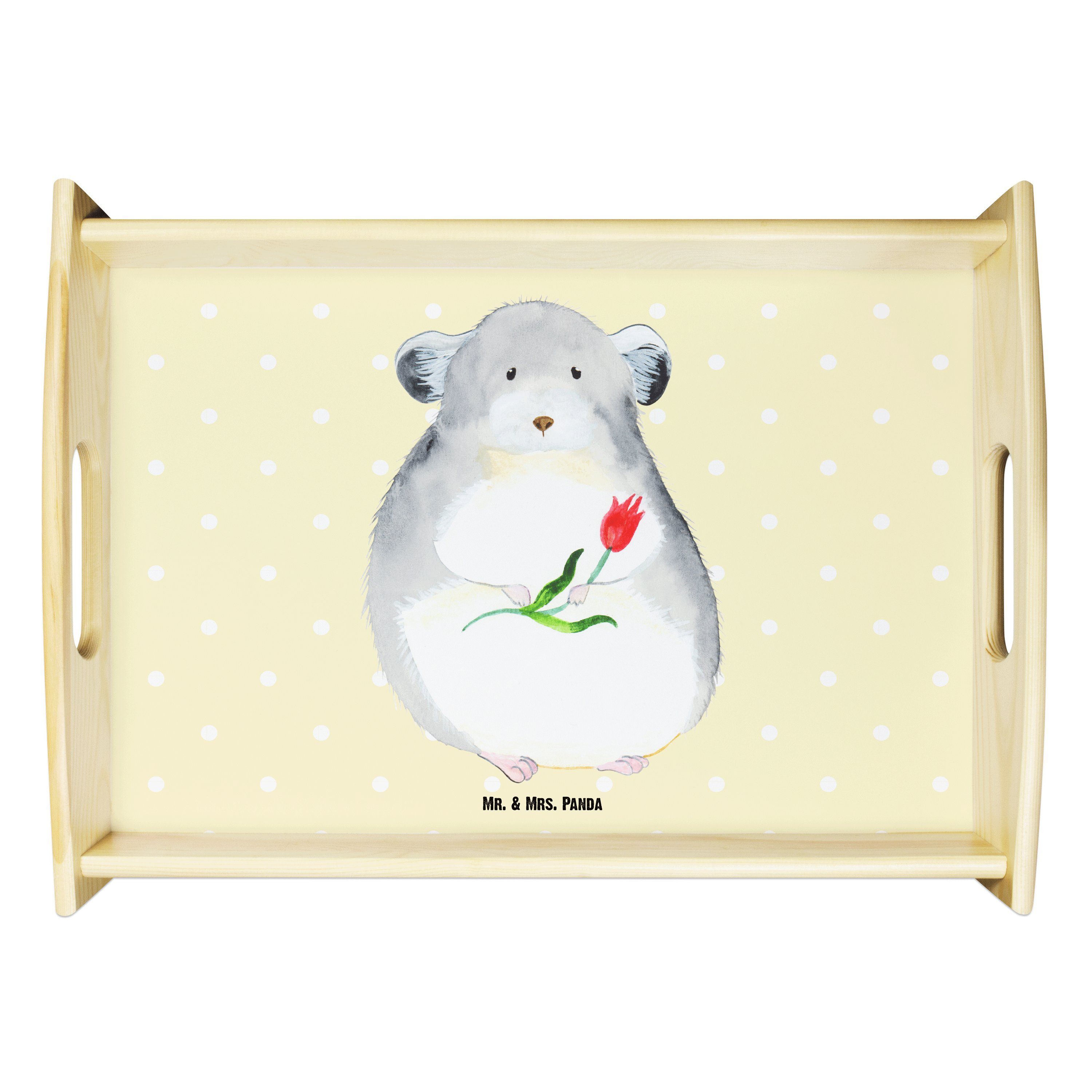 Mr. & Mrs. Panda Tablett Chinchilla mit Blume - Gelb Pastell - Geschenk, Gute Laune, Frühstück, Echtholz lasiert, (1-tlg)