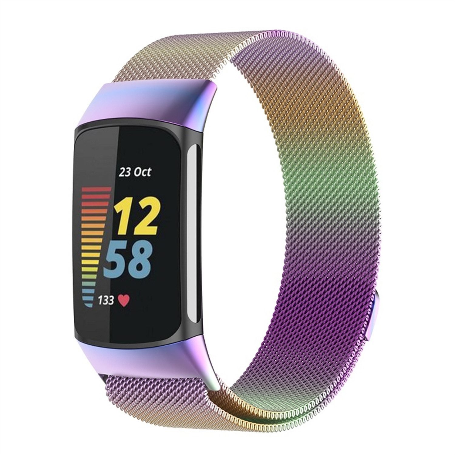 Wigento Smartwatch-Armband Für Fitbit Charge 6 / 5 Metall Stahl Mesh Armband mit Magnetverschluss