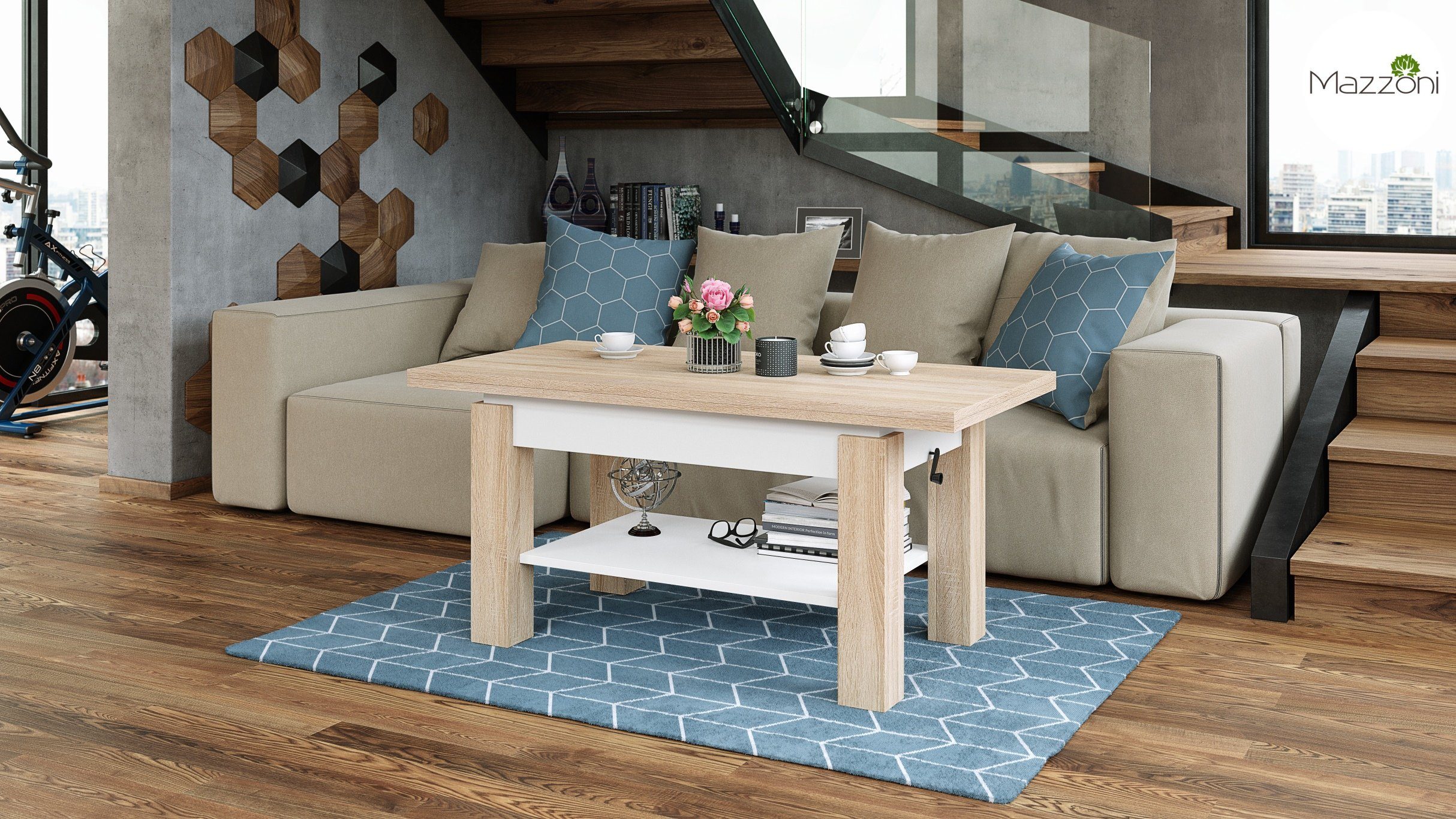 designimpex Couchtisch Design Couchtisch Tisch Arbeitstisch Brawo höhenverstelbar aufklappbar Sonoma Eiche / Weiß matt