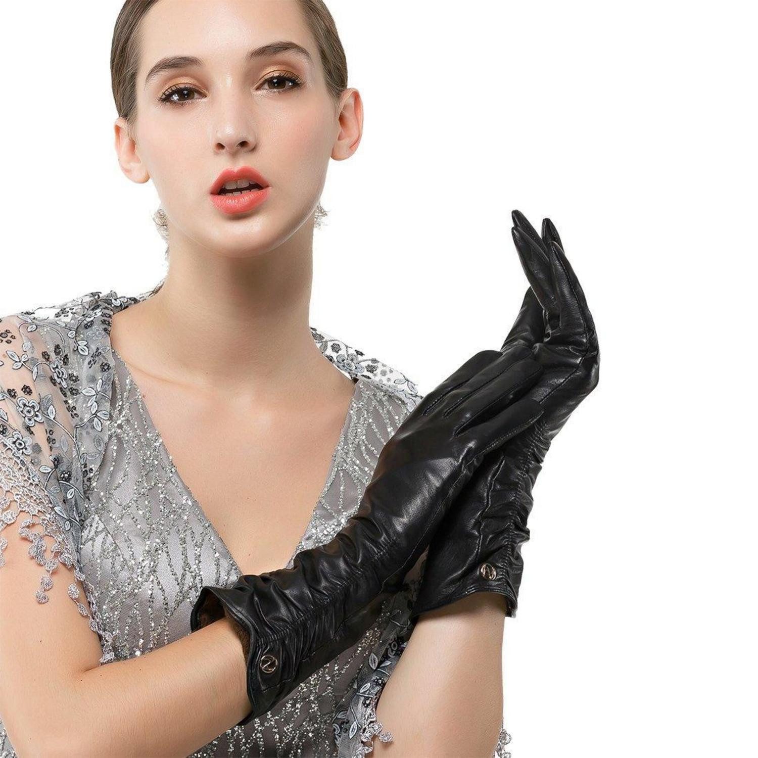 LuxusKollektion Lederhandschuhe Handschuhe Damen Lammfell Warm Fleece Schwarz L (1-St)