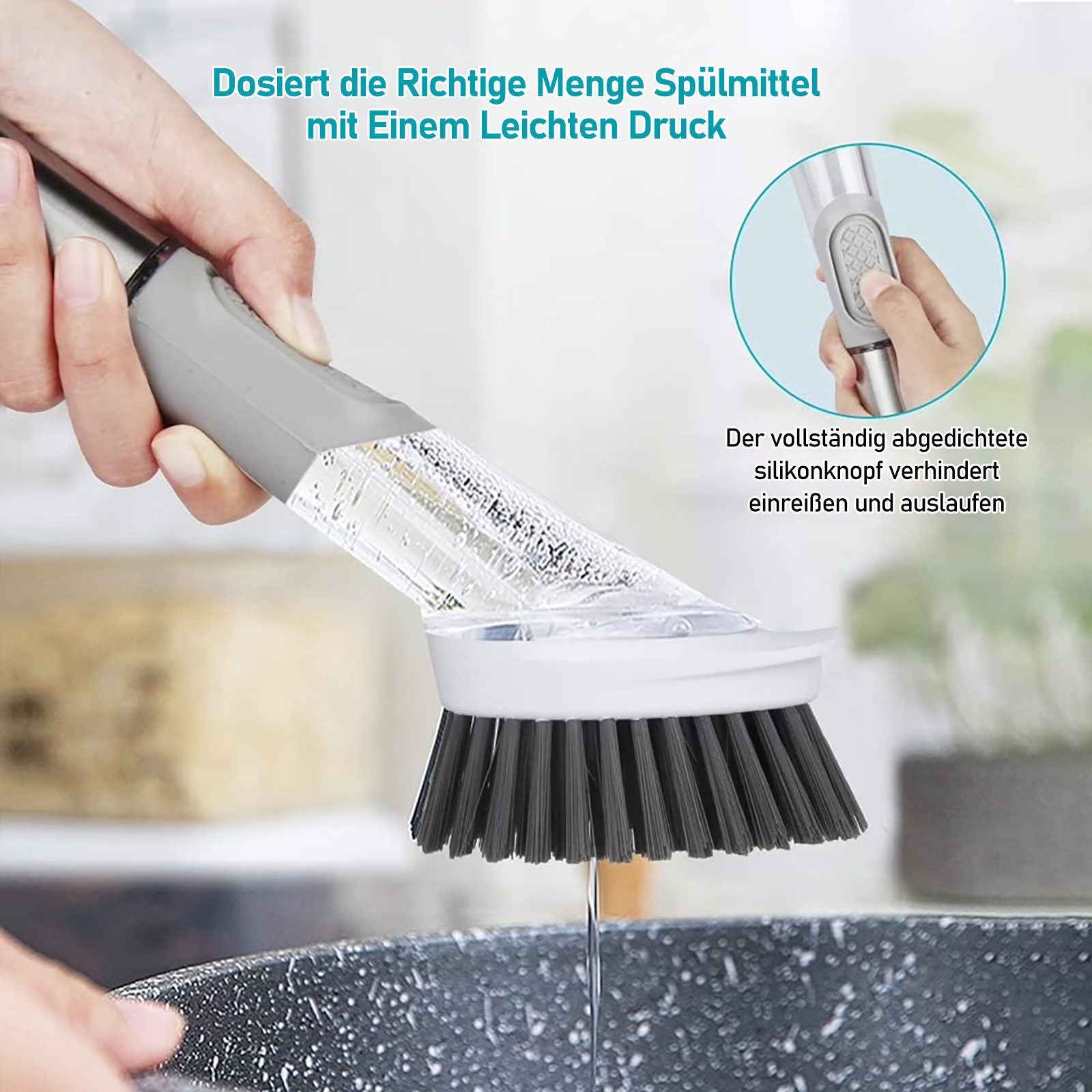 HUGERSTONE Reinigungsbürste Spülbürste mit Spülmittelspender, Multifunktional Küchenbürste Set, für Teller, Gläser, Besteck und Töpfe, (Set, 4-tlg, 1 x Spülbürste + 1 x Ständer + 3 x Bürstenköpfe), Spülbürste mit Wechselkopf und Lagerregal