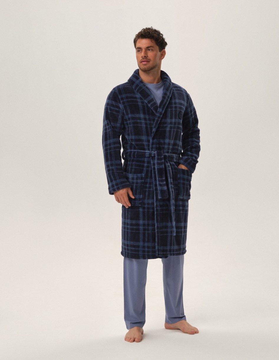 Henderson Herrenbademantel Fleece-Bademantel in Midilänge mit Karomuster und Taschen Hover, Midilänge, Polyester, Gürtel