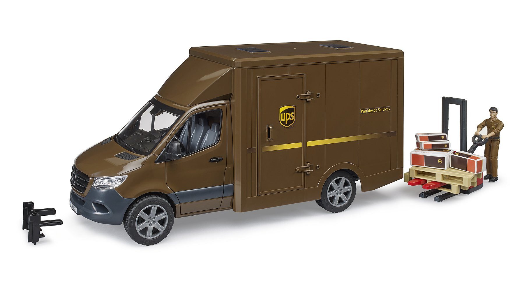 Spielzeug-Auto bruder MB Sprinter UPS mit Zubehör und Figur braun 1:16