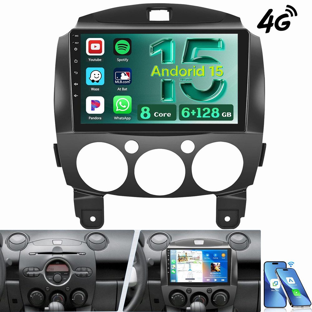 ESSGOO Für Mazda 2 2007-2013 Android 15 6+128G 8-Kern Autoradio (Digitalradio (DAB), RDS, FM, AM, Apple Carplay Android Auto GPS Navi WIFI BT)