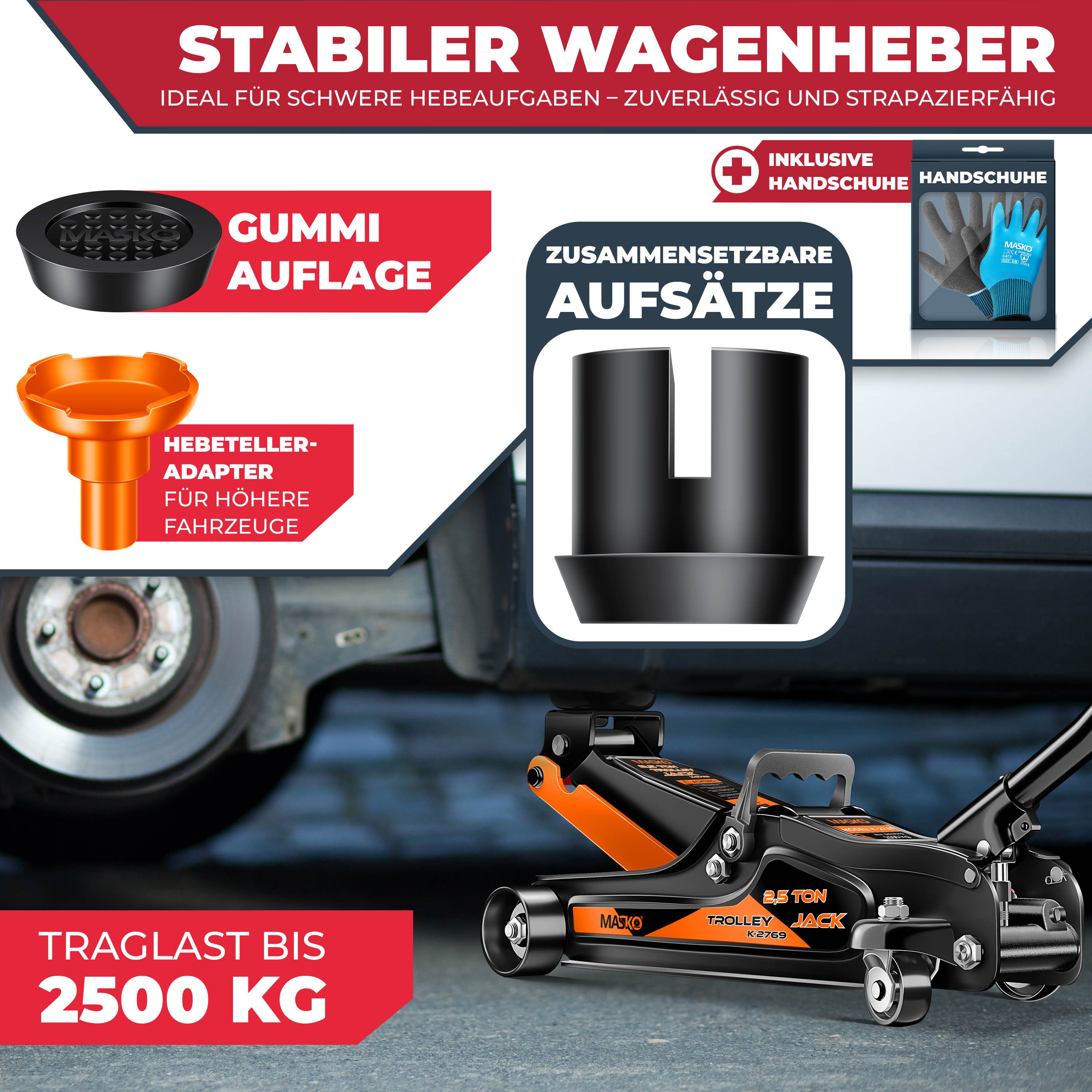 MASKO Hydraulikheber, Wagenheber hydraulisch Flache Hubhöhe 2x Gummiauflage