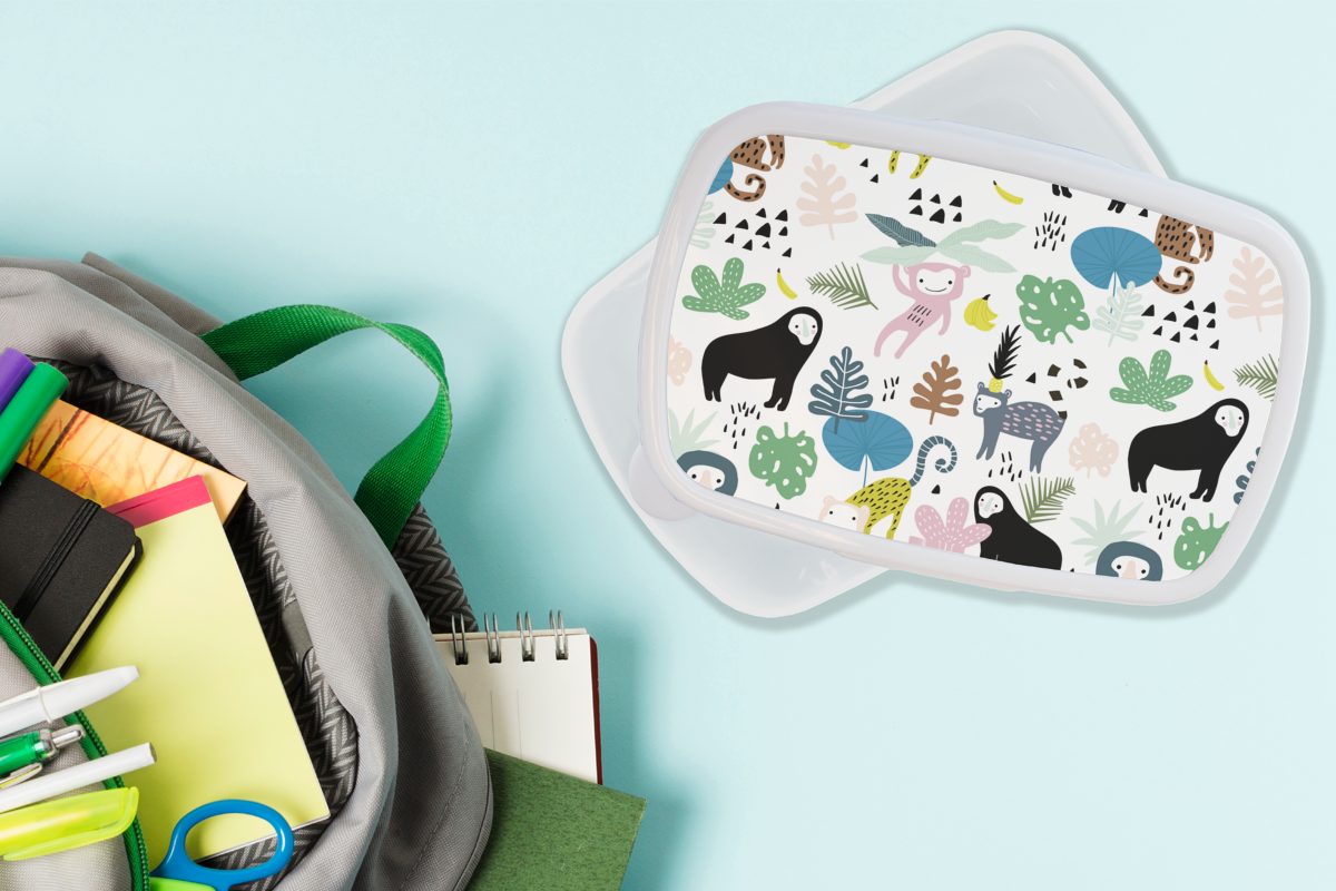 Mädchen und Jungs - Brotbox für MuchoWow weiß Lunchbox - Kunststoff, (2-tlg), Tiere Brotdose, Dschungel, und Pflanzen Kinder für Erwachsene,