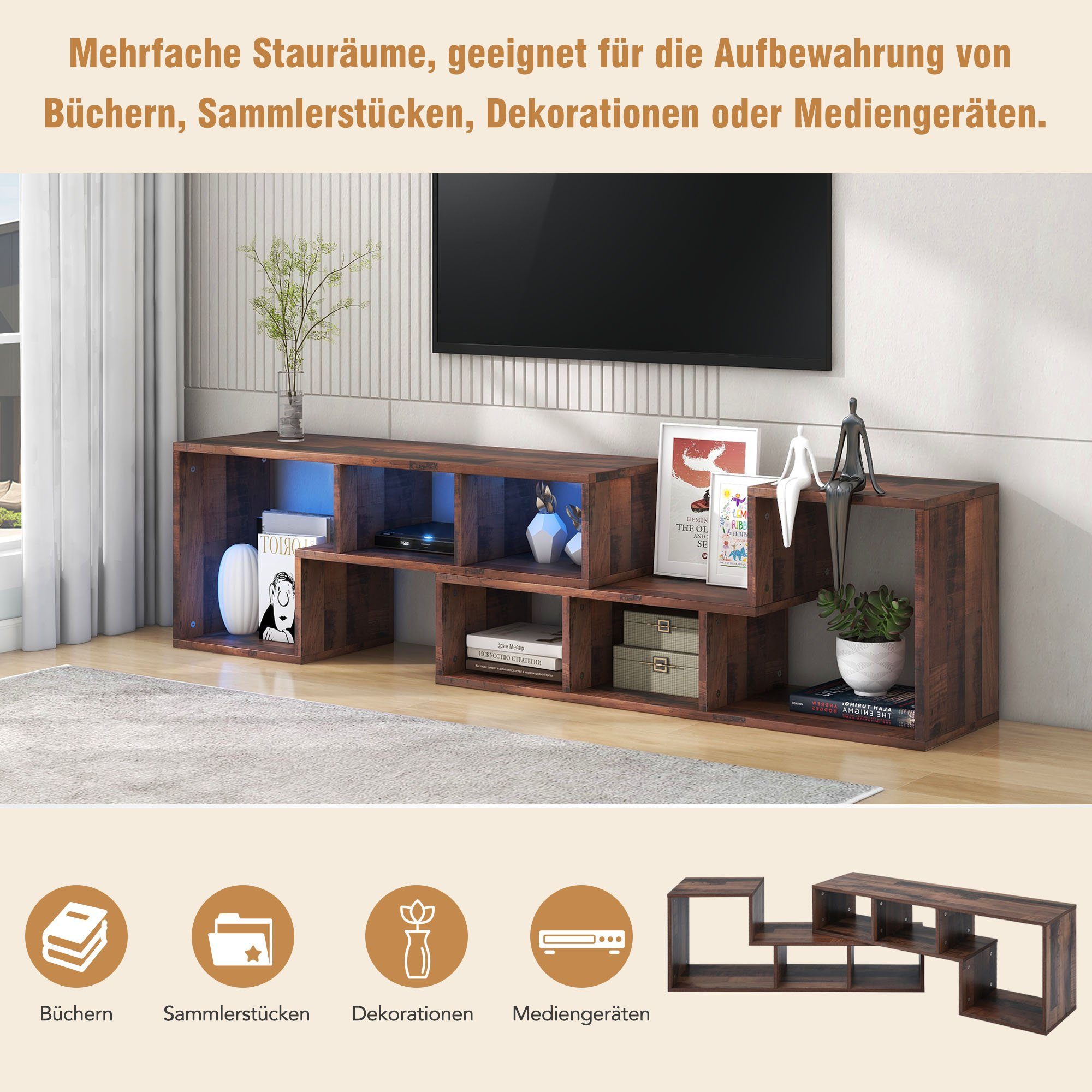 Bücherregal, TV-Ständer TV-Schrank REDOM Lowboard,verstellbar LED-Beleuchtung mit