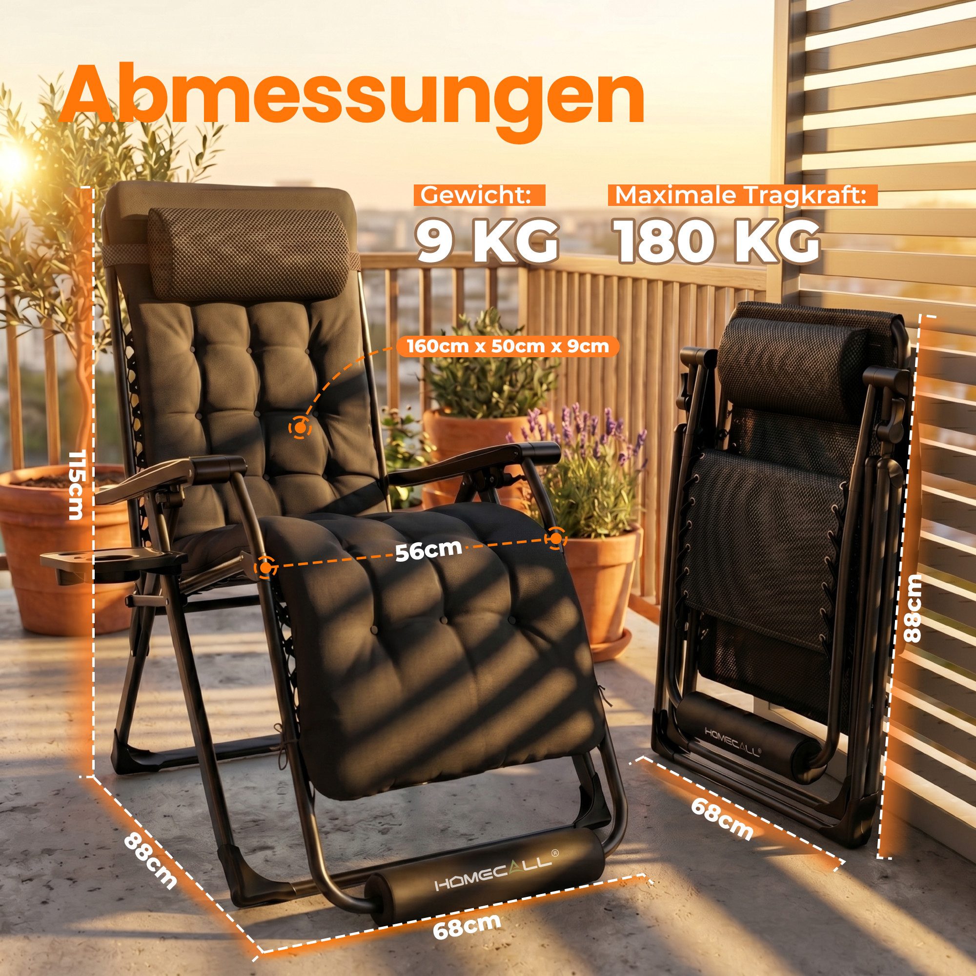 HOMECALL Gartenliege Sonnenliege Klappbar, Liegestuhl mit Weiches Kissen,groß Campingstuhl, XXL Extra breiter Zero Gravity Stuhl, 1 St., bis 180 KG, für Garten Terrasse Balkon