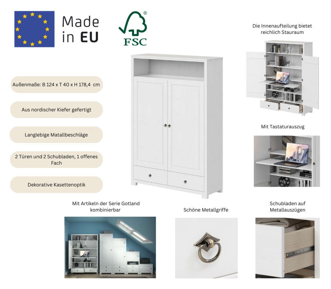 OTTO home Wäscheschrank Gotland! Home Office Schrank, Mehrzweckschrank, Büroschrank (H/B/T ca. 180/125/40cm) mit Ausziehregal, Schublade, stabil + langlebig, Massivholz made in EU