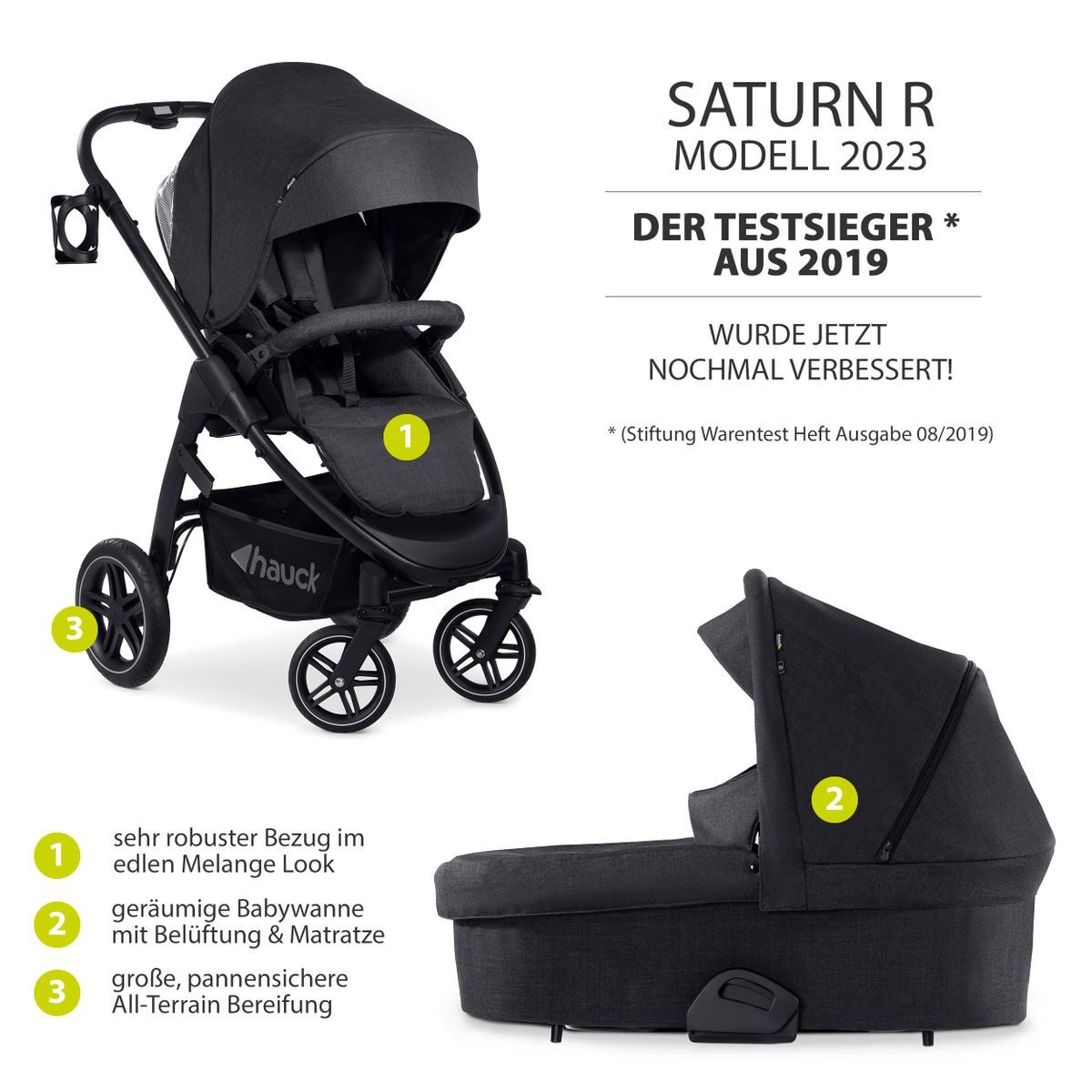 Hauck Kombi-Kinderwagen Saturn R Duoset - Melange Black, 2in1 Kinderwagen Buggy Set inkl. Babywanne, Sportsitz & Beindecke