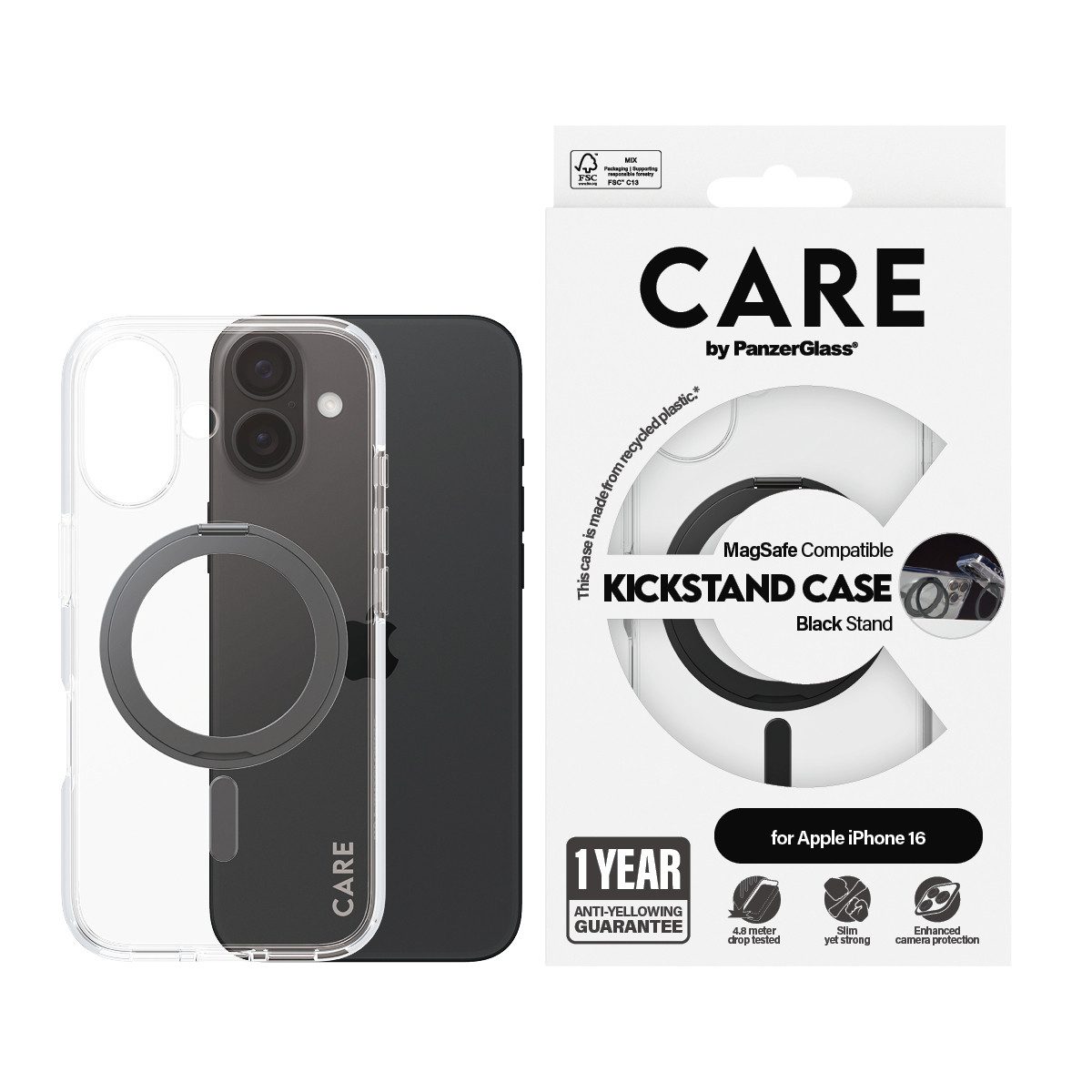 CARE by PanzerGlass Handyhülle Kickstand Case für Apple iPhone 16, Backcover, Schutzhülle, Handyschutzhülle, Case, Schutzcase, stoßfest