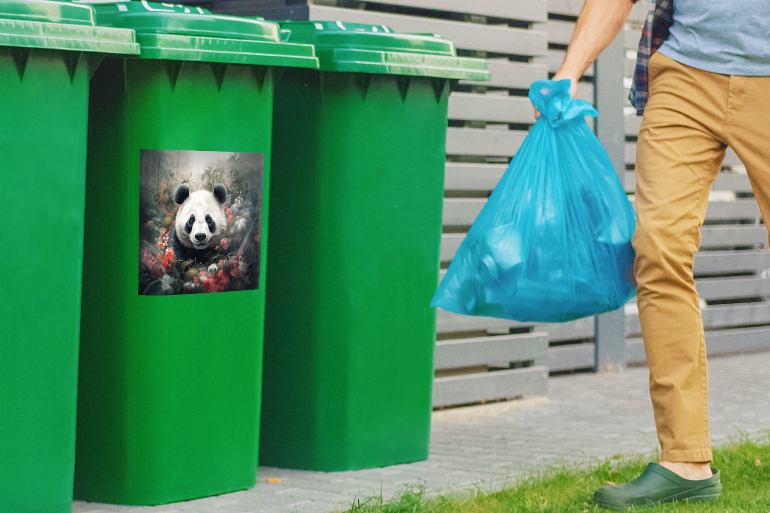 Mülleimer-aufkleber, - Mülltonne, Container, - Panda Natur Sticker, Wildtiere MuchoWow St), Wandsticker (1 - Blumen Abfalbehälter