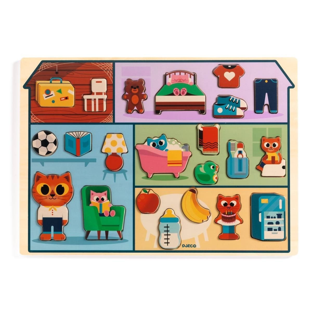 DJECO Rahmenpuzzle Haus Holzpuzzle für Kinder, Puzzleteile, Holzpuzzle