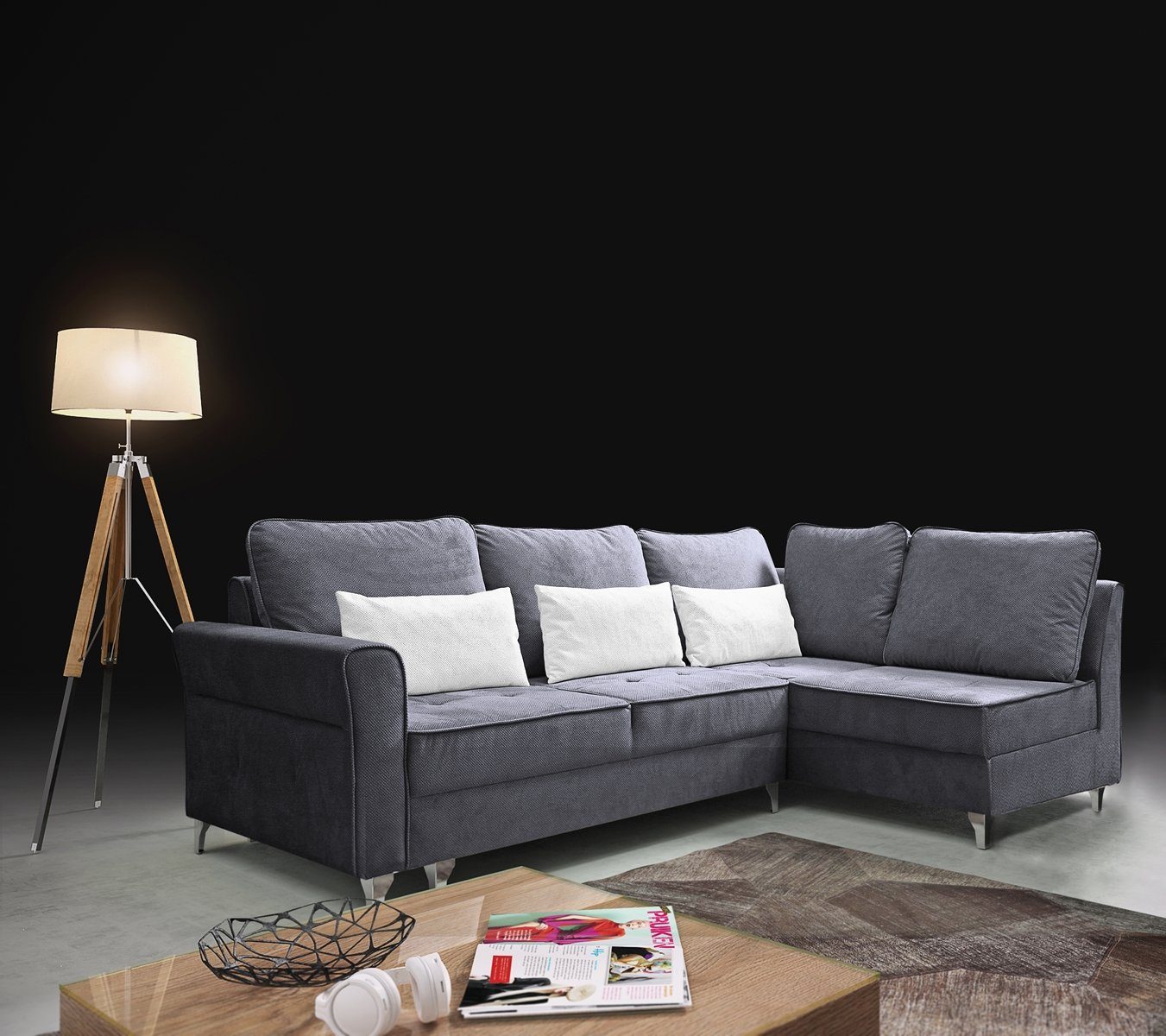 Beautysofa Polsterecke Hilton L, mane links oder rechts, mit Metallbeine, Velour Polsterecke, Eckcouch mit Schlaffunktion und Hocker dunkelgrau (viton 203 + 199)