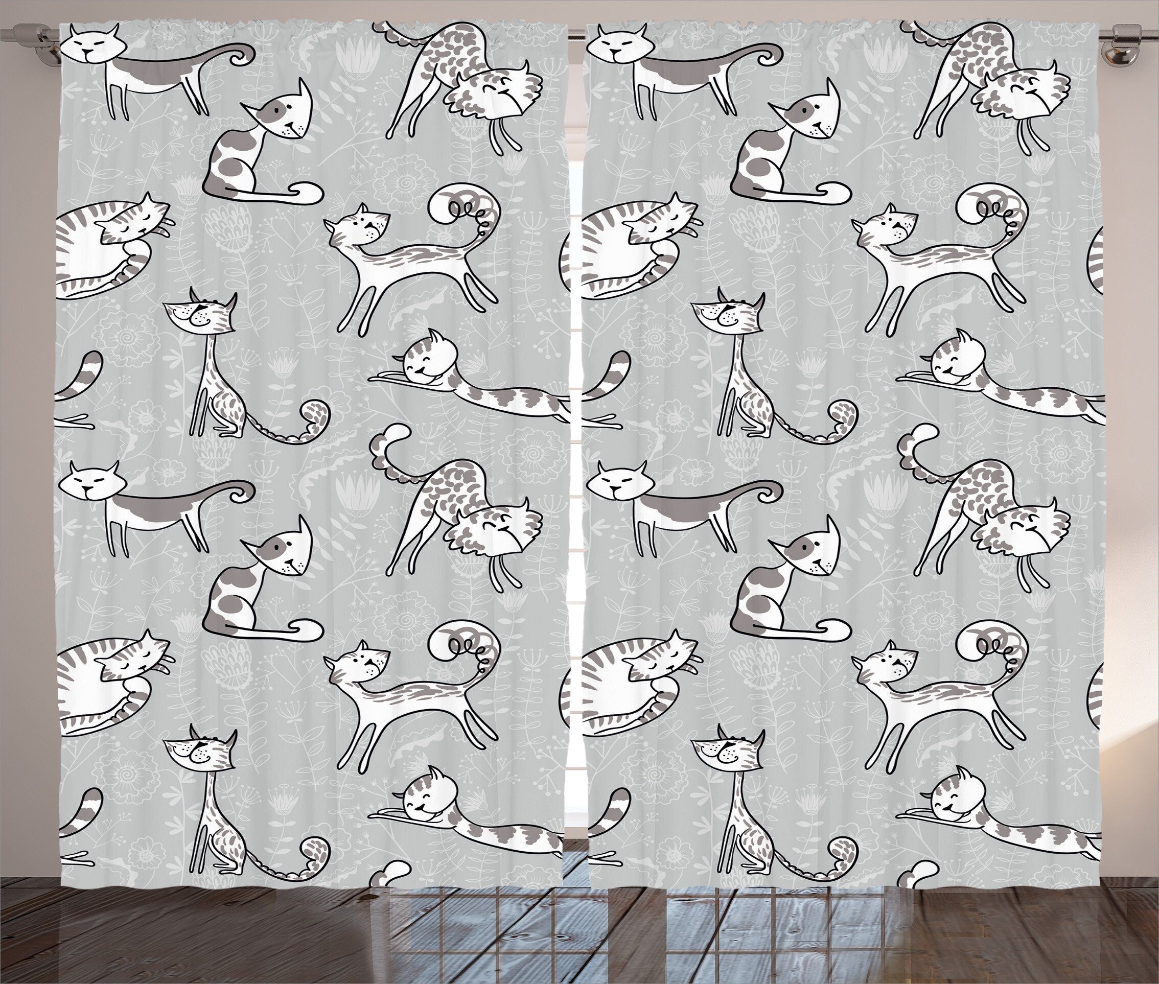 Katzen-Kätzchen-Karikatur Blume Kräuselband mit Schlaufen Haken, Schlafzimmer und Gardine Vorhang Abakuhaus,