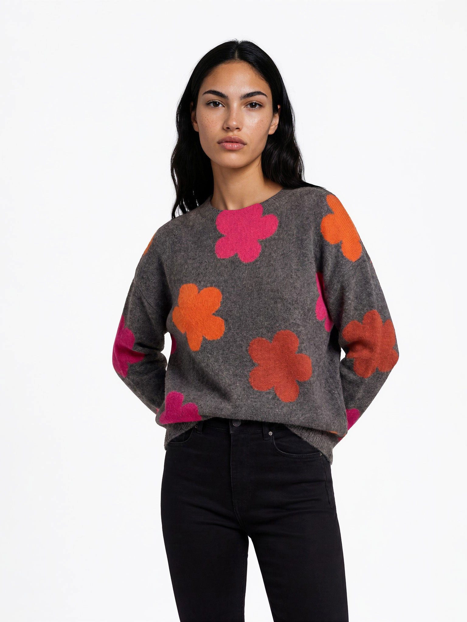 FRISTED Strickpullover Damen Lammwolle mit Blumenmuster Rundhals Relaxed Fit Langarm Intarsien-Blüten in Melange-Optik mit Raglanärmeln und Seitenschlitzen