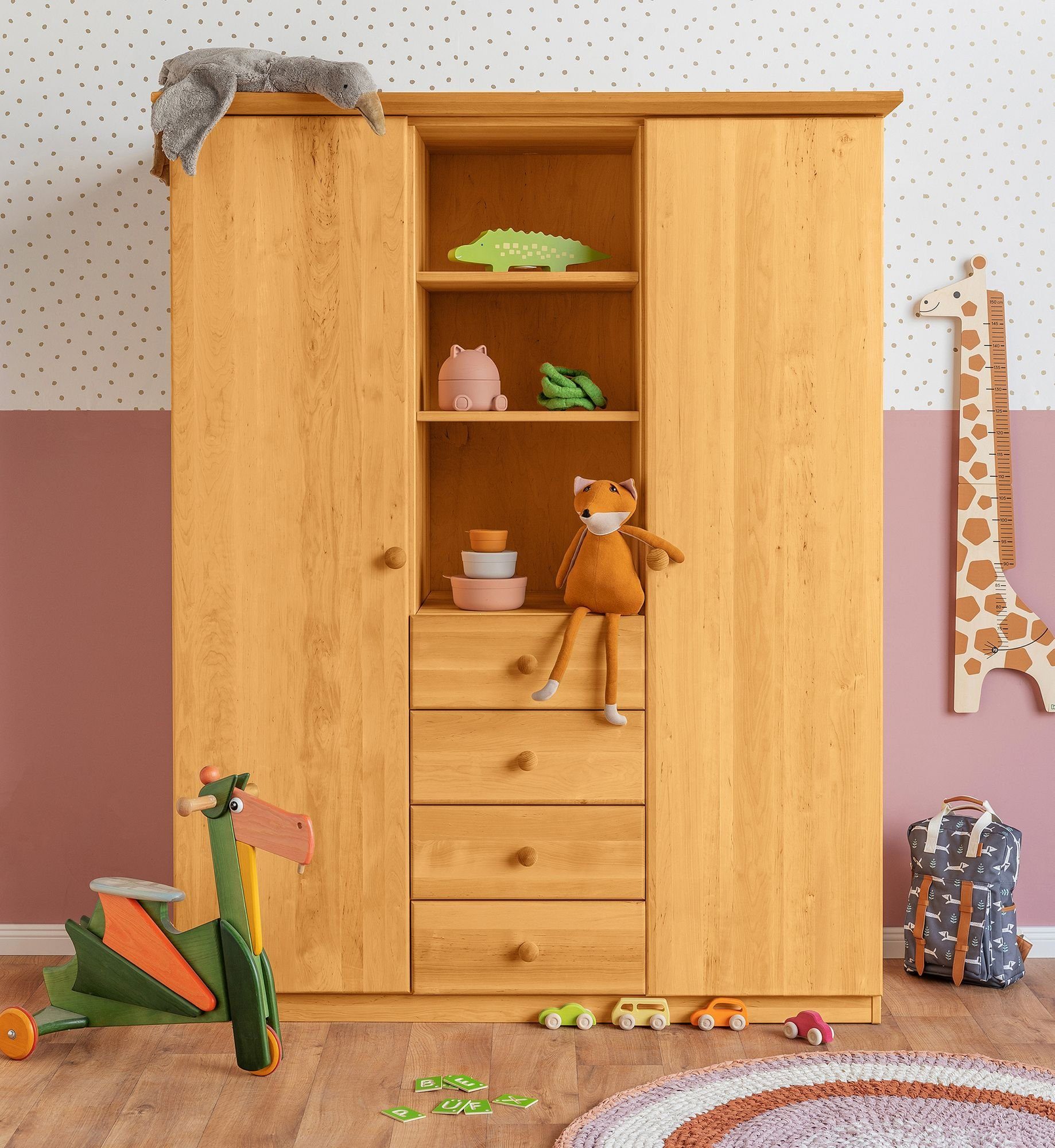 BioKinder - Das Kinderzimmer Lena gesunde Aus mit 1 8 veredelt flexiblen Kleiderstange, Bio-Erlenmassivholz mit Einlegeböden Kleiderschrank flexible Öl/Wachs (natur), und bioola®