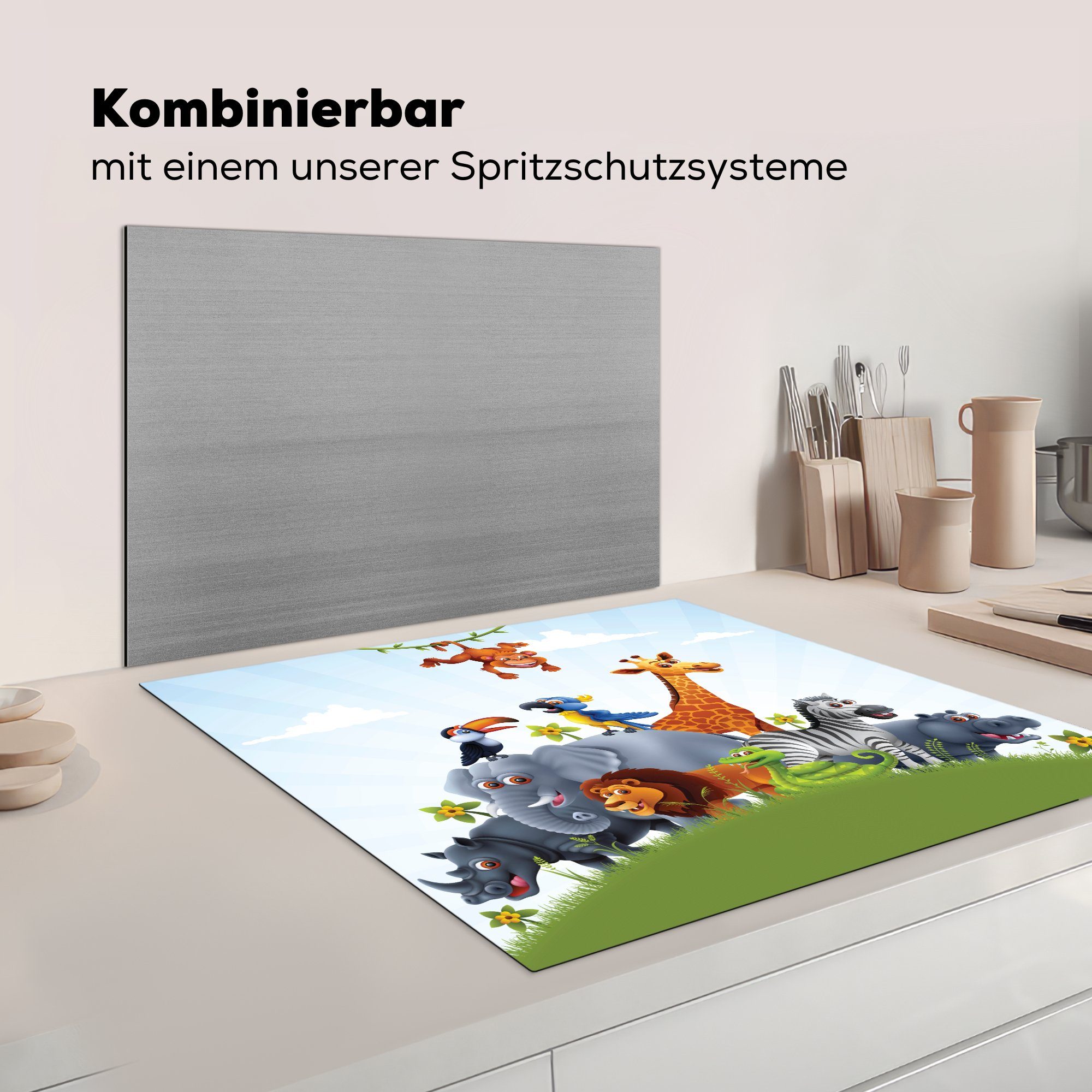 - Dschungel tlg), 78x78 Ceranfeldabdeckung, Illustration Vinyl, - cm, MuchoWow Mädchen - Kind, Arbeitsplatte Jungen (1 Wildtiere - küche - Herdblende-/Abdeckplatte für