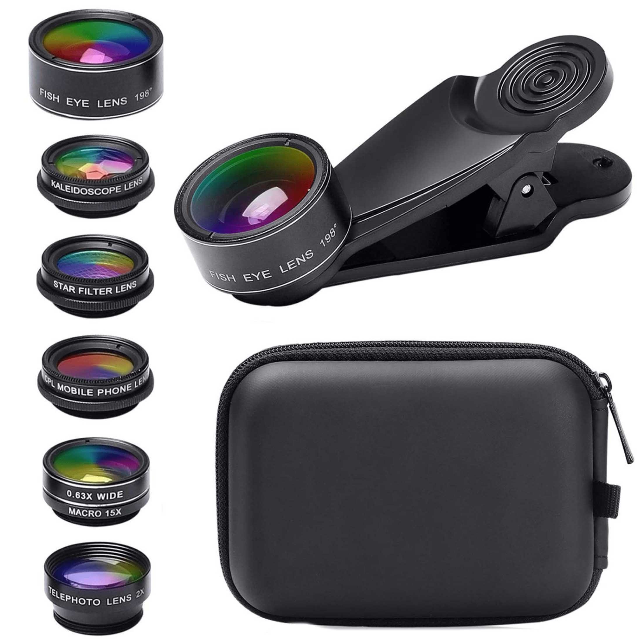 KINSI 7 in 1 Handy Objektiv Kit, Ultra-Weitwinkelobjektiv, Teleobjektiv Ultra-Weitwinkelobjektiv, (Universal Handy Objektiv, mit Reißverschlusstasche)