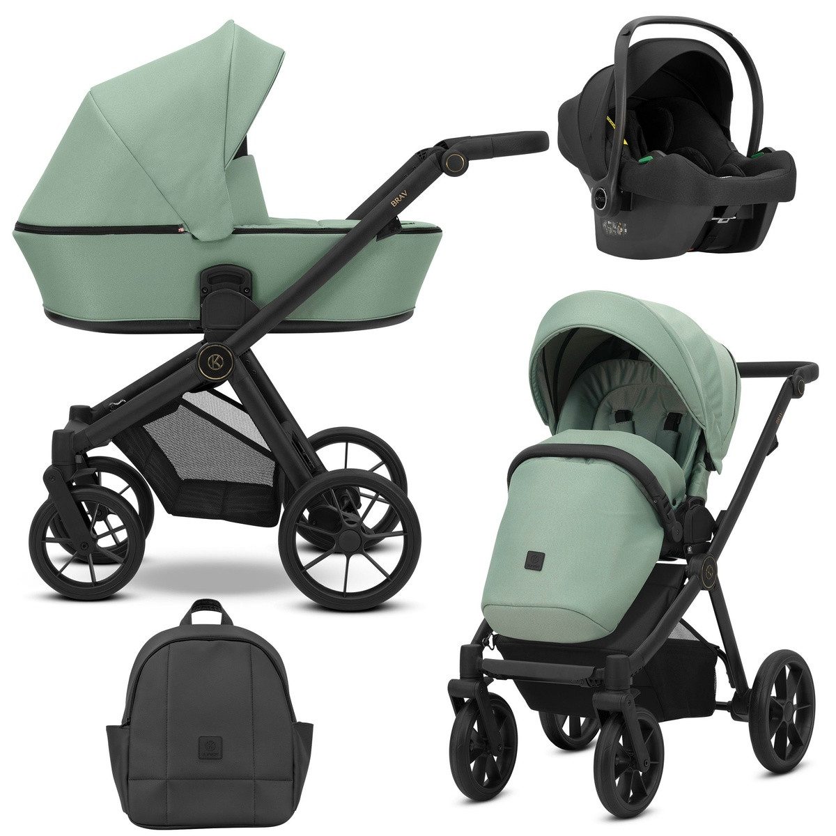 KUNERT Kombi-Kinderwagen BRAV 3 in1 Kinderwagen mit schwarzem Rahmen, Gelrädern und Autositz, Leichtes Aluminiumgestell, verstellbare Rückenlehne