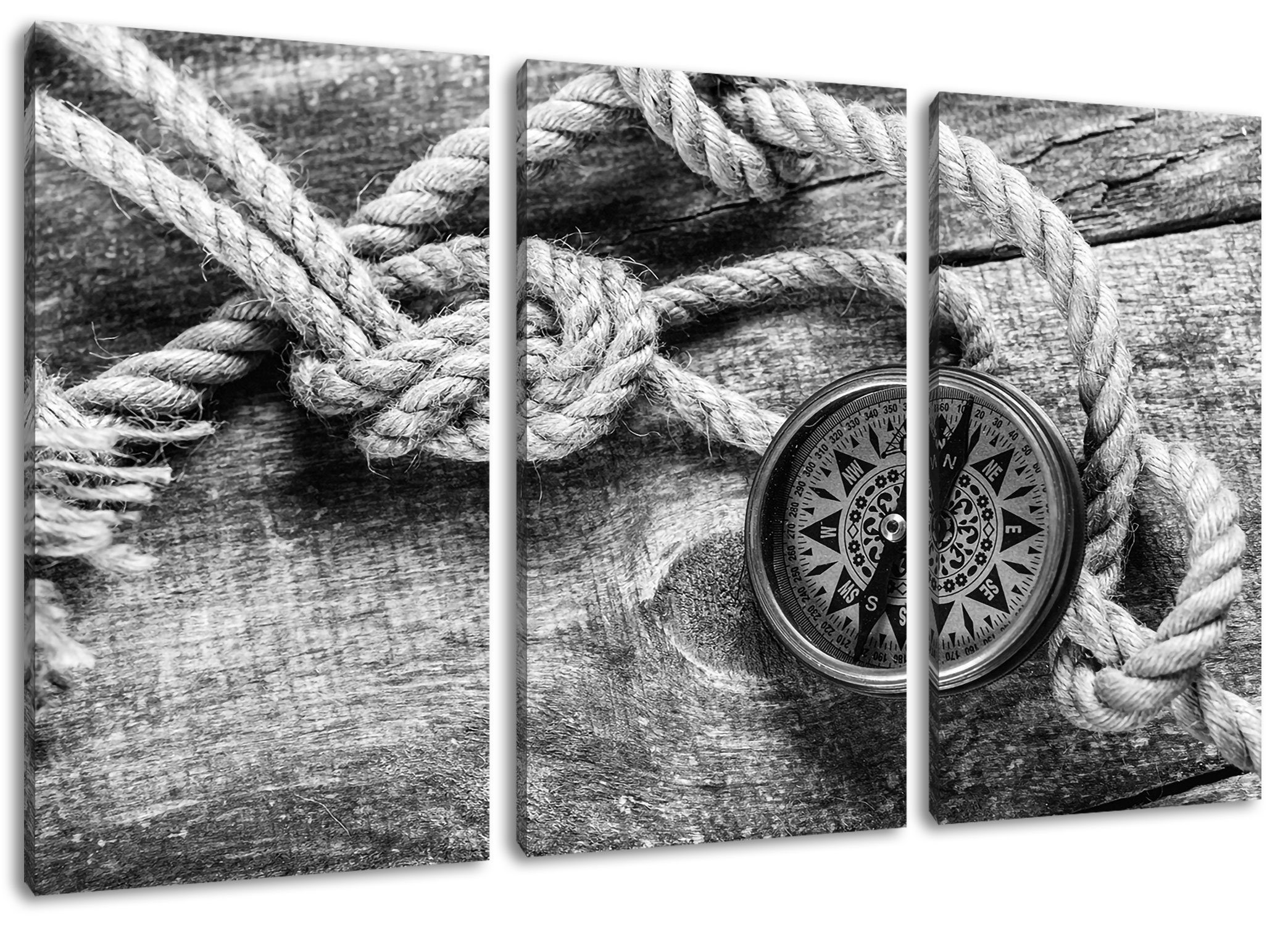 Pixxprint Leinwandbild Schiffseil und Leinwandbild Kompass bespannt, 3Teiler fertig und Kompass, (1 Zackenaufhänger inkl. St), Schiffseil (120x80cm)