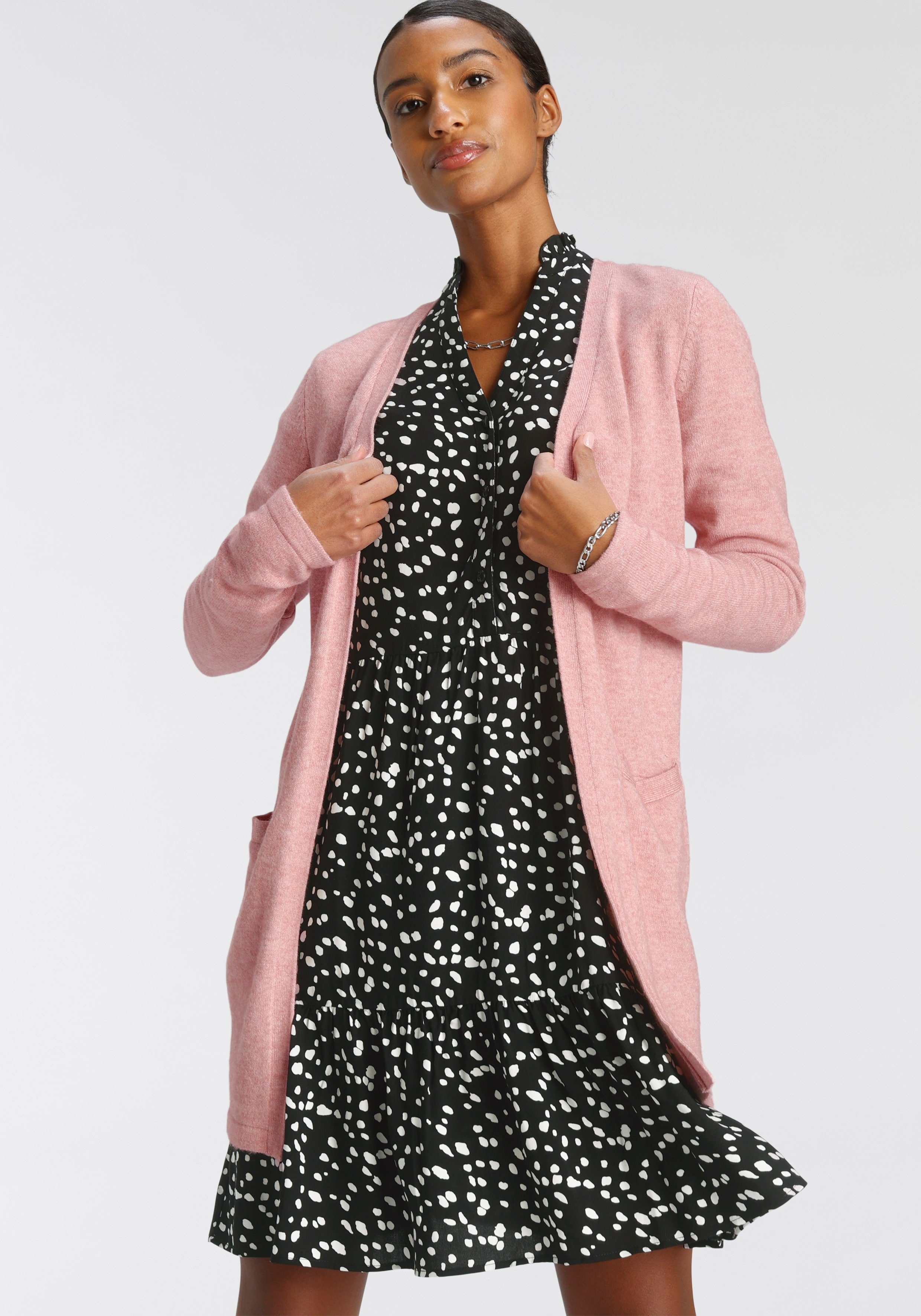 Tamaris Cardigan rosa mit (Strickjacke aus Taschen melange Material) nachhaltigem