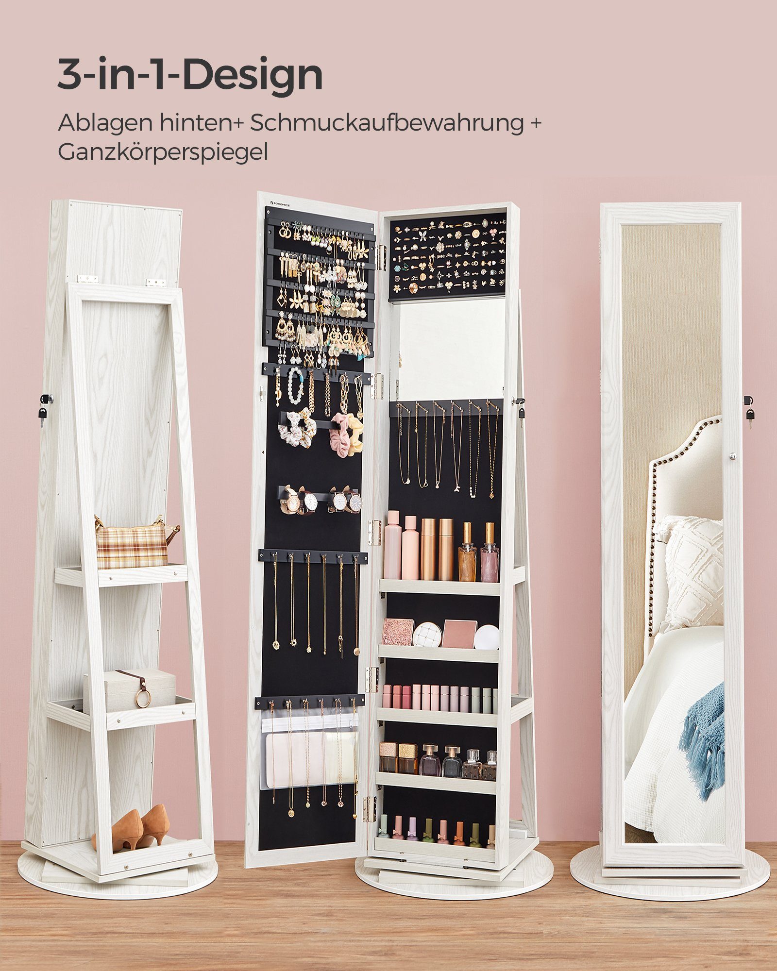 SONGMICS Schmuckschrank Spiegelschrank, mit Ganzkörperspiegel, um 360° drehbar, Geschenkidee Schmuckaufbewahrung, abschließbar, mit Schlüsseln, 54 x 54 x 161 cm – Bild 3 von 5