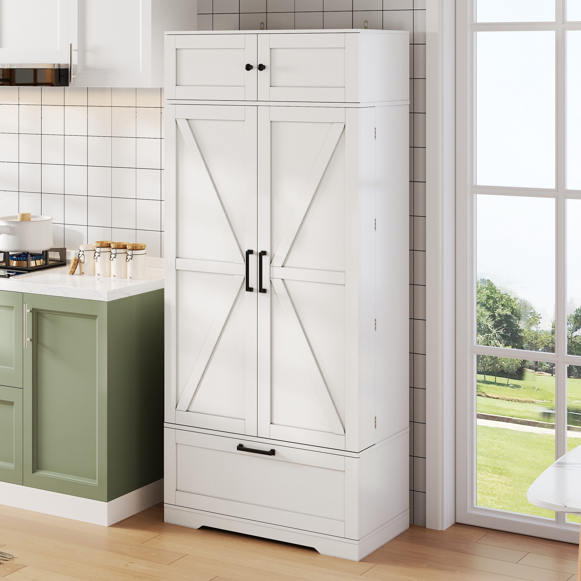 Odikalo Sideboard Küchenschrank Küchenbuffet Hochschrank Weiss (80×40×180cm großer,freistehender Küchenaufbewahrungsschrank mit verstellbaren Einlegeböden,Schubladen,Weinregal und Türen mit Einlegeböden.Geeignet für Esszimmer und Wohnbereiche.Industrieller Stil)