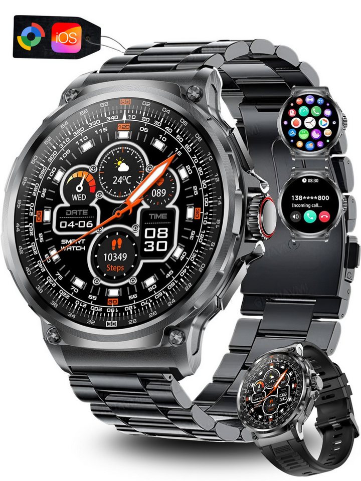 S&T Design Smartwatch Fitness Tracker Uhr für Herren mit Telefonfunktion Groß Smartwatch (4,6 cm/1,8 Zoll, iOS + Android) Geschenkbox, 1-tlg., (Android und iOS), 1,85" AMOLED-Display Whatsapp Herzfrequenz-/Schlafüberwachung