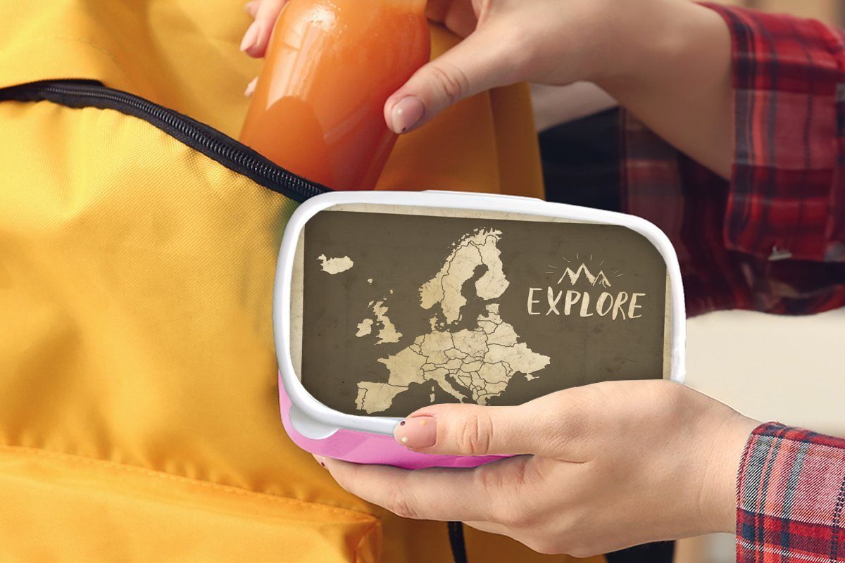 MuchoWow Lunchbox Karte Europa - (2-tlg), Kinder, Mädchen, Vintage für rosa Brotdose Zitat, Kunststoff, Kunststoff Erwachsene, Snackbox, Brotbox 