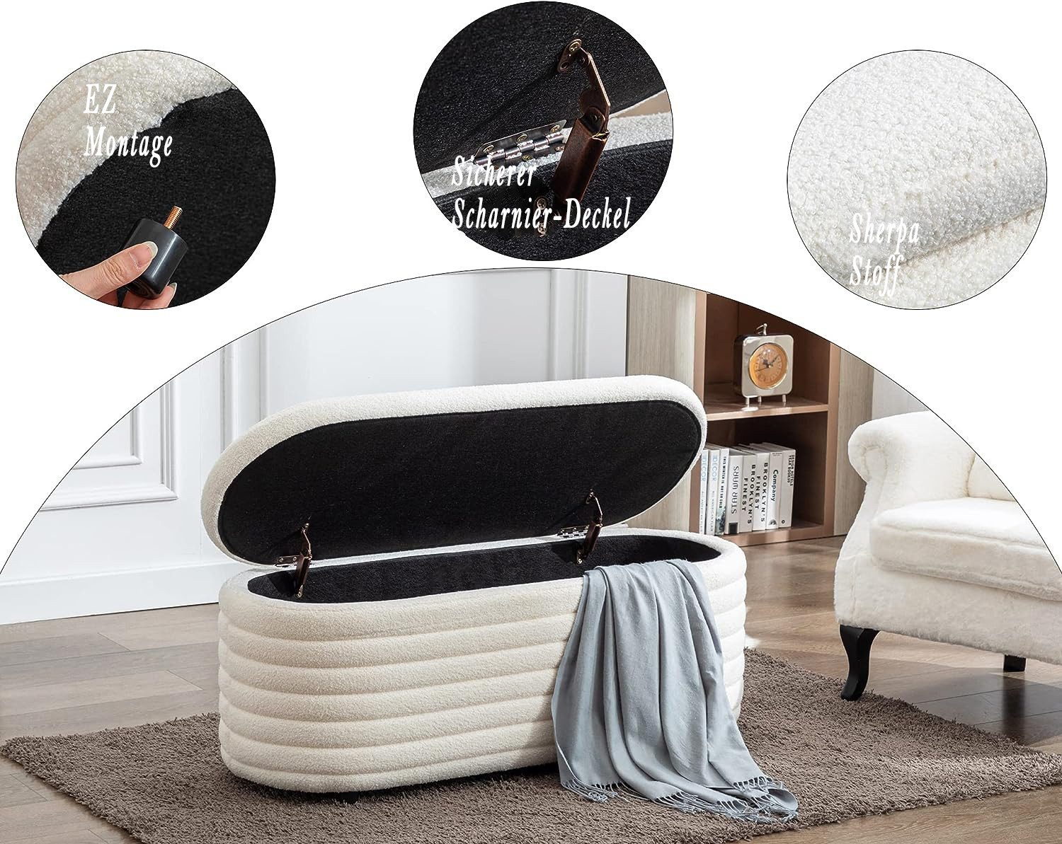 WAHSON OFFICE CHAIRS Sitzhocker Teddystoff Sitzbank mit Stauraum, Moderner Fußbank