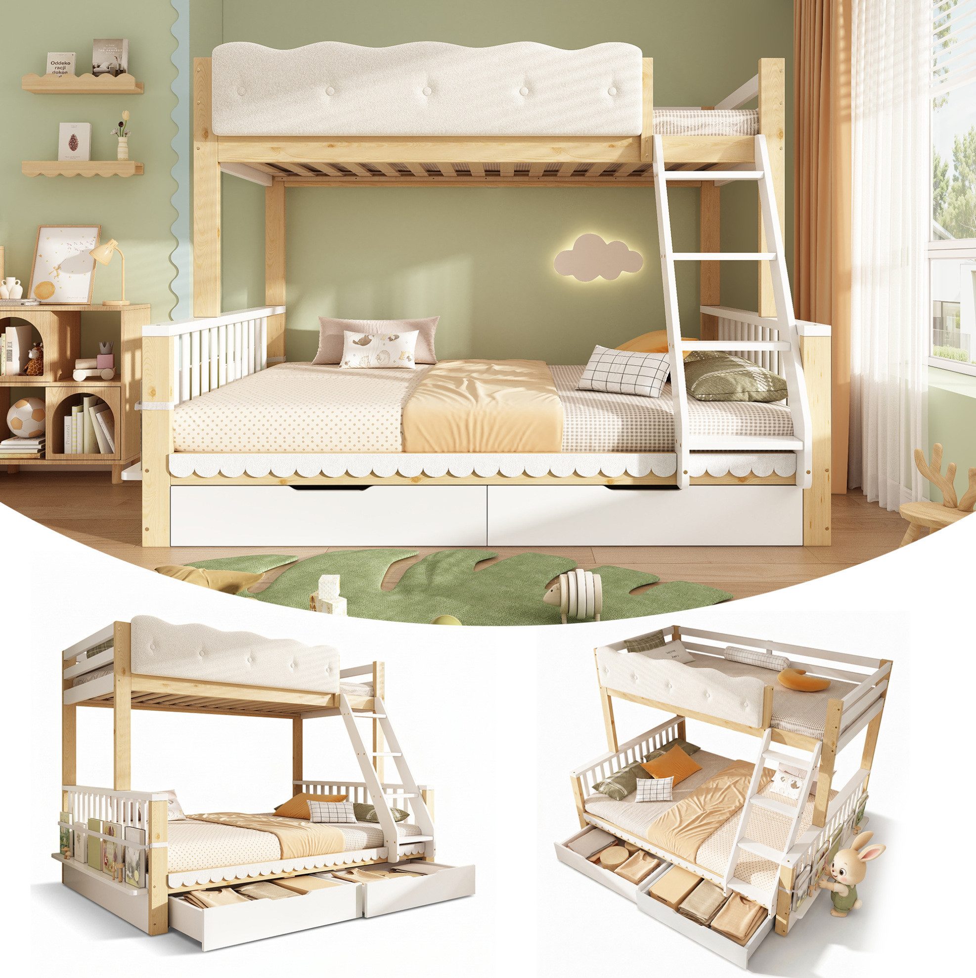 OKWISH Etagenbett Kinder-Hausbett mit Schubladen & Zeitschriftenständer (Packung, Eiche, 90×200 / 140×200 cm, ohne Matratze), 2 Betten, Wolken-Geländer, schräge Leiter
