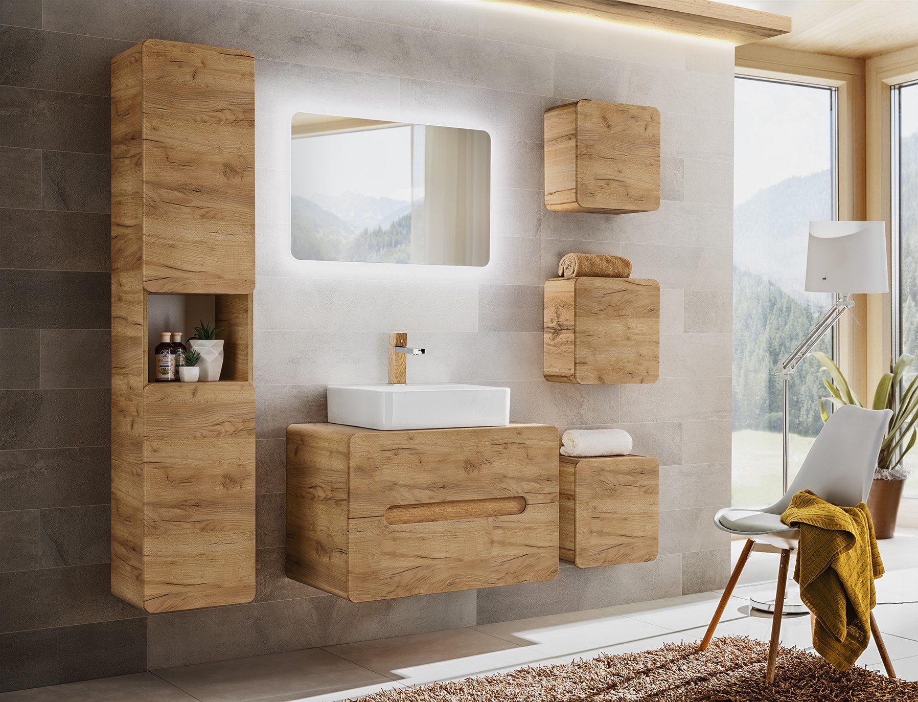 Fun Möbel Badezimmer-Set 7-tlg o. 6-tlg Set FERMO 80cm Gold Eiche mit/ohne Waschtisch, (Set oder Spar-Set, 6-St), Schubladen und Türen mit Soft-Close-System