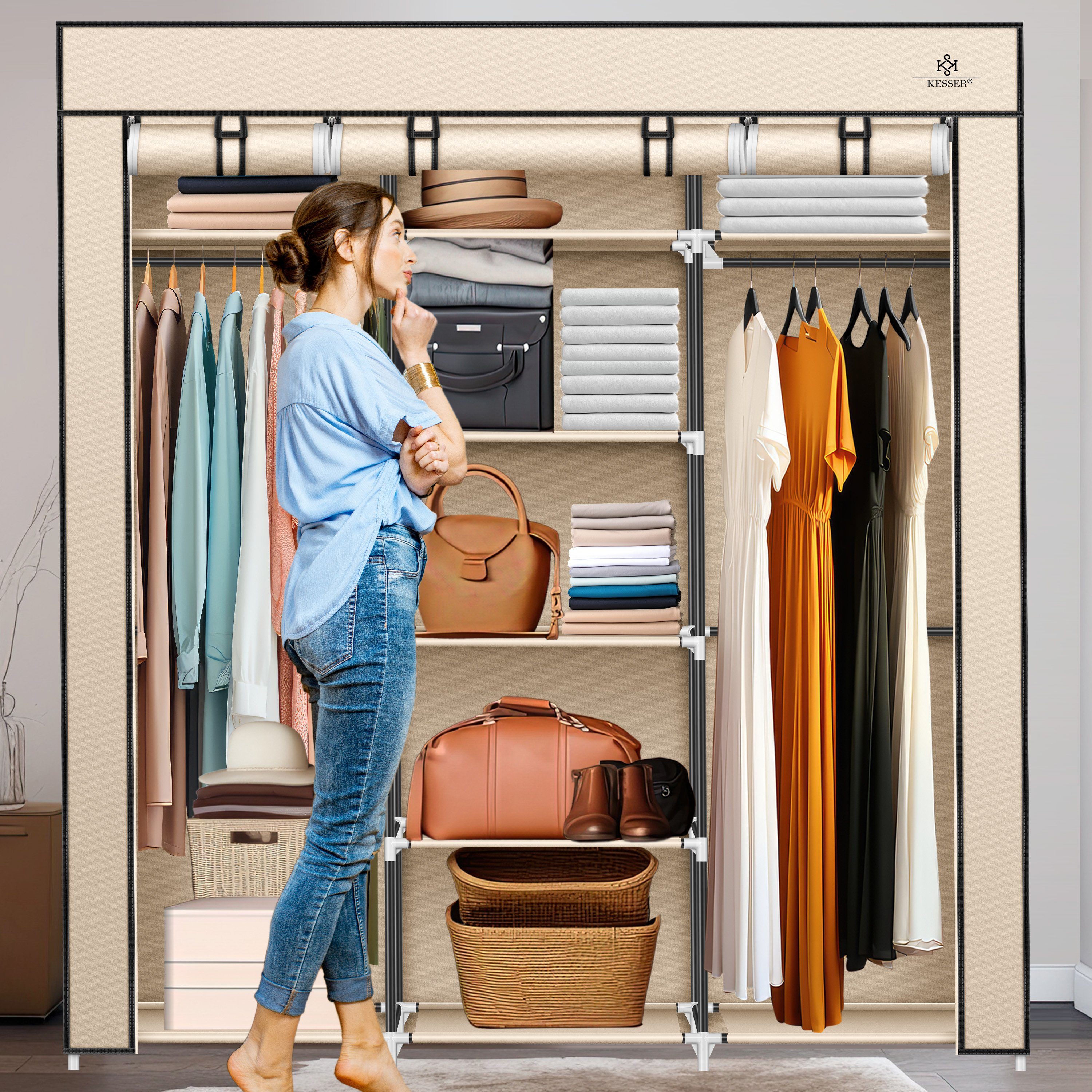 Ablagen Kleiderstange Kleiderschrank mit beige & Stabil KESSER Stoffschrank