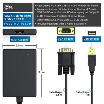 CSL Audio- & Video-Adapter VGA, USB Typ A zu HDMI, VGA zu HDMI Adapter, Konverter Kabel 1920x1080 Full HD 1080p