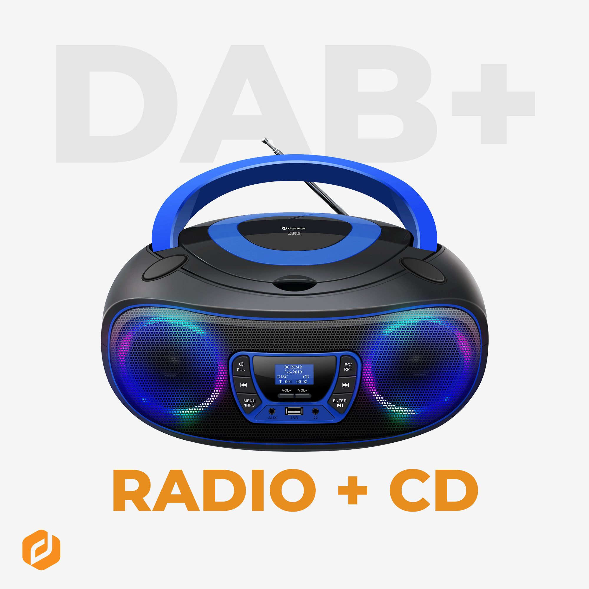 Denver TDB-212BU CD-Player (Bluetooth, DAB+/FM Radio, MP3 via USB,& AUX, Musik Streaming über Bluetooth, CD-Player, Bluetooth, 2 x 18W Output, Batterie- oder Netzbetrieb möglich)