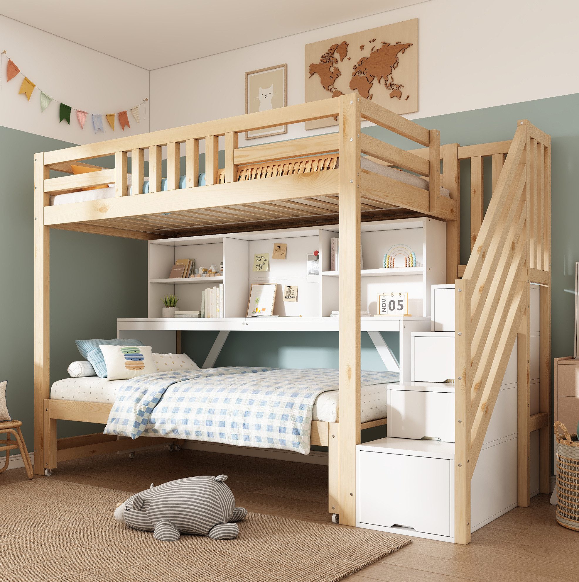 MODFU Etagenbett Kompaktes Kinder-Hochbett mit Stauraum & Schreibtisch (Packung, 90×200 + 90×190 cm, ohne Matratze, für Kinder- & Jugendzimmer), ausziehbares Bett, Treppe, Rollen, Weiß+Eiche