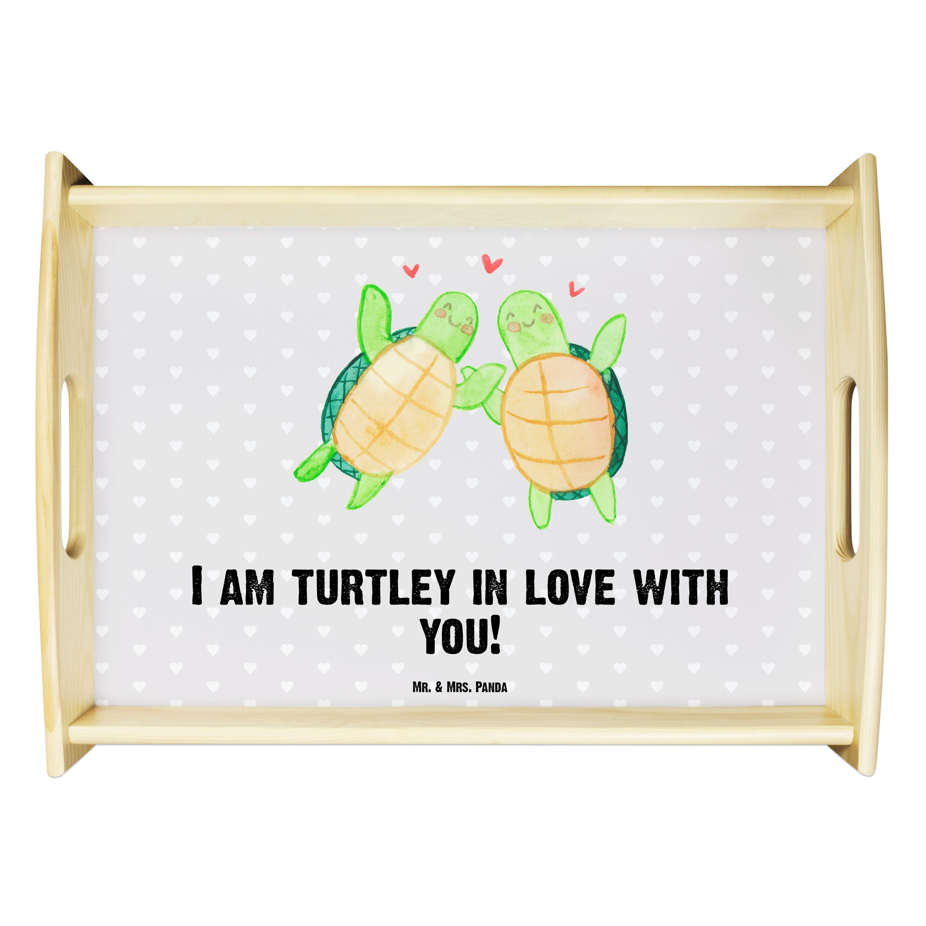 Mr. & Mrs. Panda Tablett Schildkröten Paar - Grau Pastell - Geschenk, Geschenk für Partner, He, Echtholz lasiert, (1-tlg)