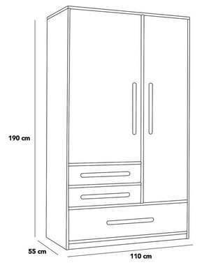 BioKinder - Das gesunde Kinderzimmer Kleiderschrank Lina 2-teilig mit 3 Schubladen, 1 flexiblen Kleiderstange, 4 schmalen Einlegeböden und 1 breiten Einlegeboden