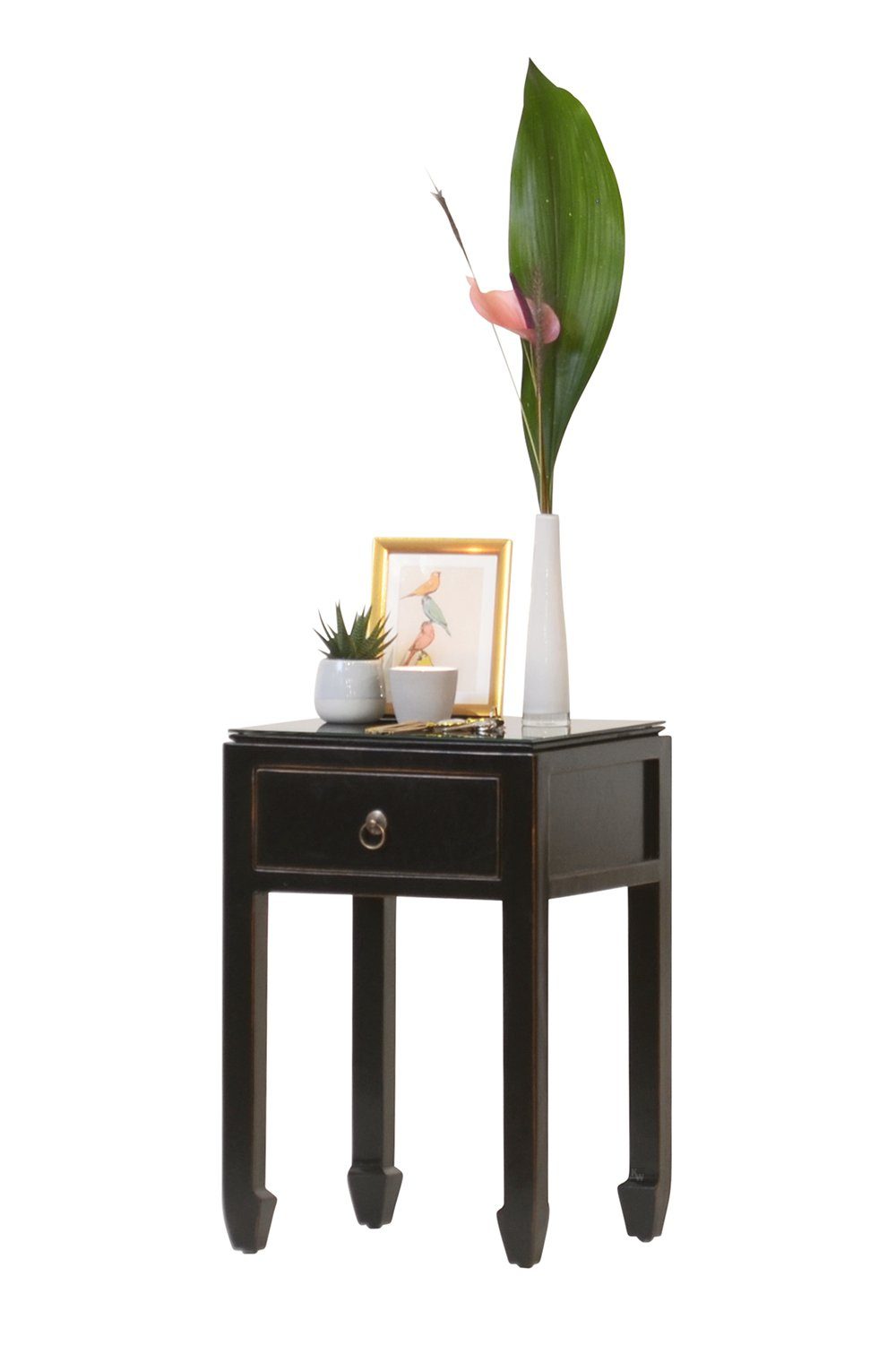 Kai Wiechmann Beistelltisch Chinesischer Beistelltisch Yunnan schwarz 37x 37 cm Nachttisch, schwarz lackiert, mit Schublade, Used Look, Massivholz