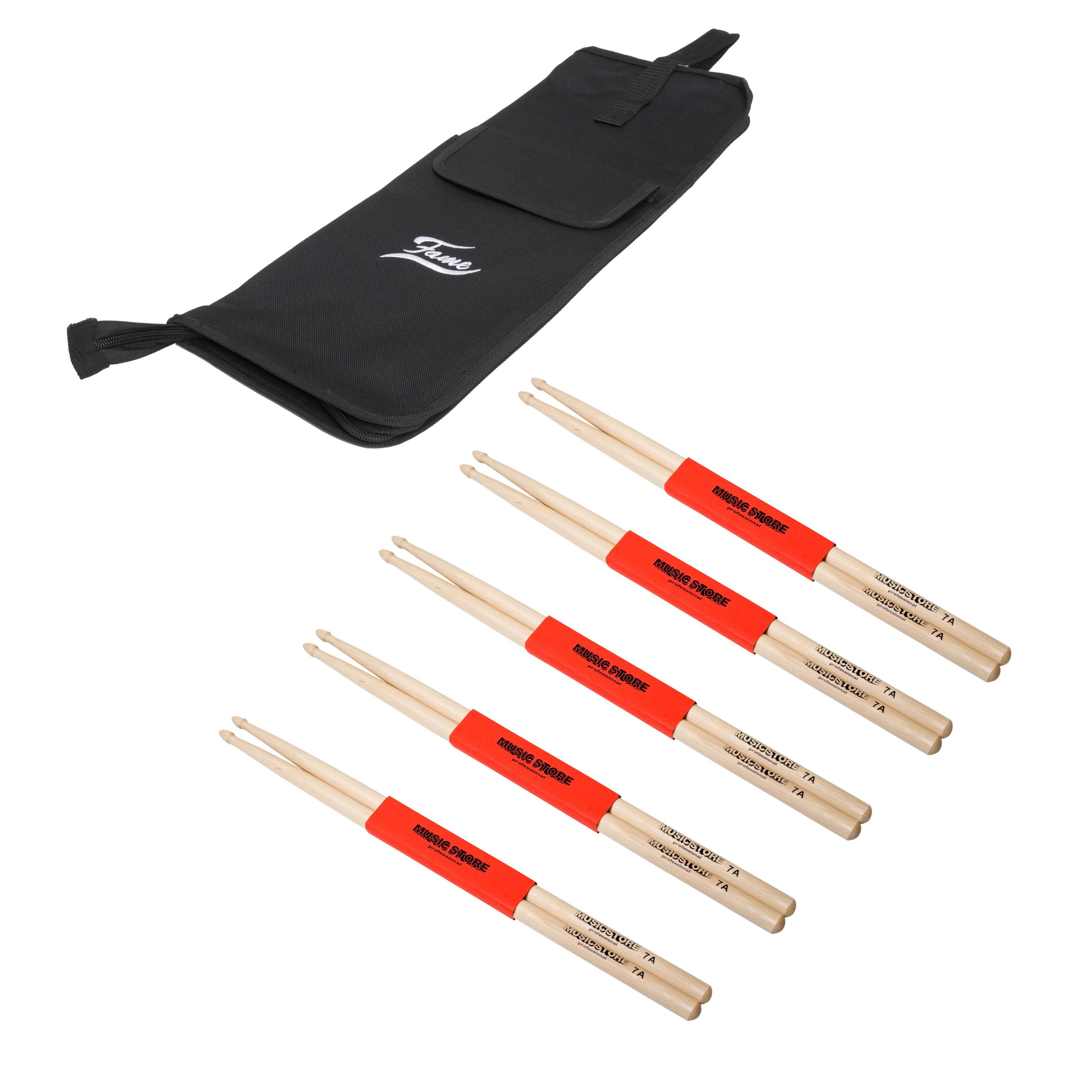 FAME Drumsticks (7A Drumstick Set 5 Hornbeam Wood Tip Drumsticks Nylon StickBag, Sticks, Beater und Mallets, Stick Packs), 7A Drumstick Set, Hornbeam Wood Tip Drumsticks, Nylon StickBag