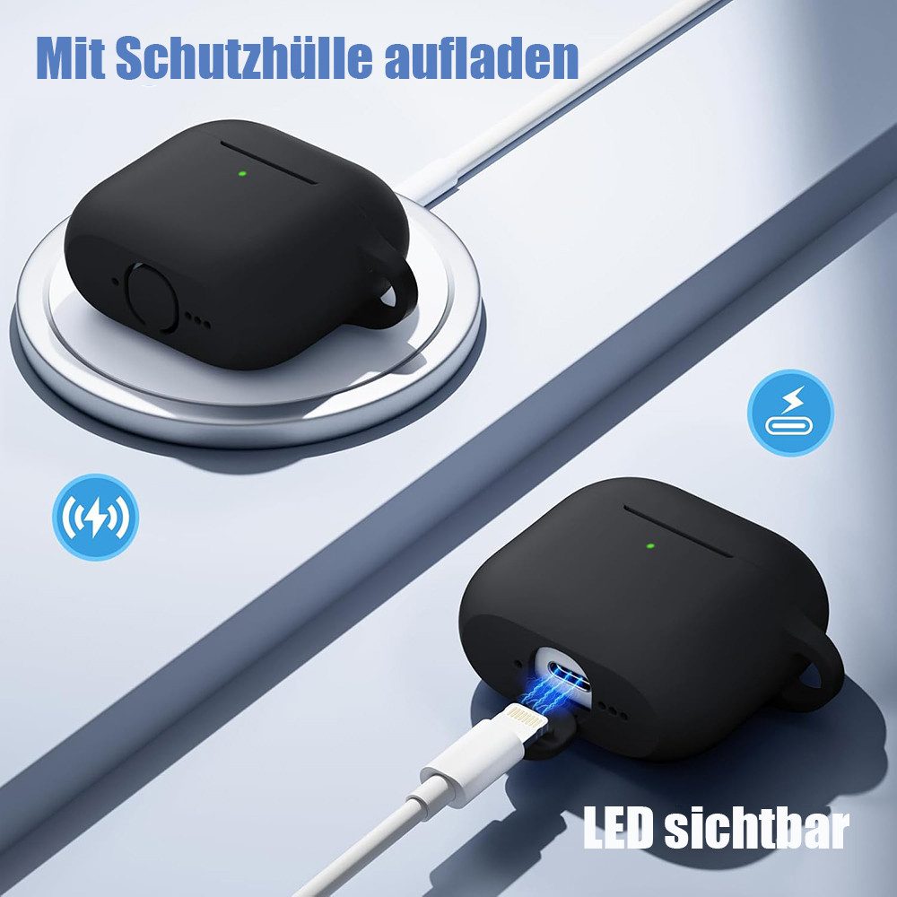 TUWENA Kopfhörer-Schutzhülle Silikon Hülle Kompatibel mit AirPods 4, mit Reinigungsset & Karabiner, Support Wireless Charging and Front LED Visible mit Schlüsse – Bild 4 von 5