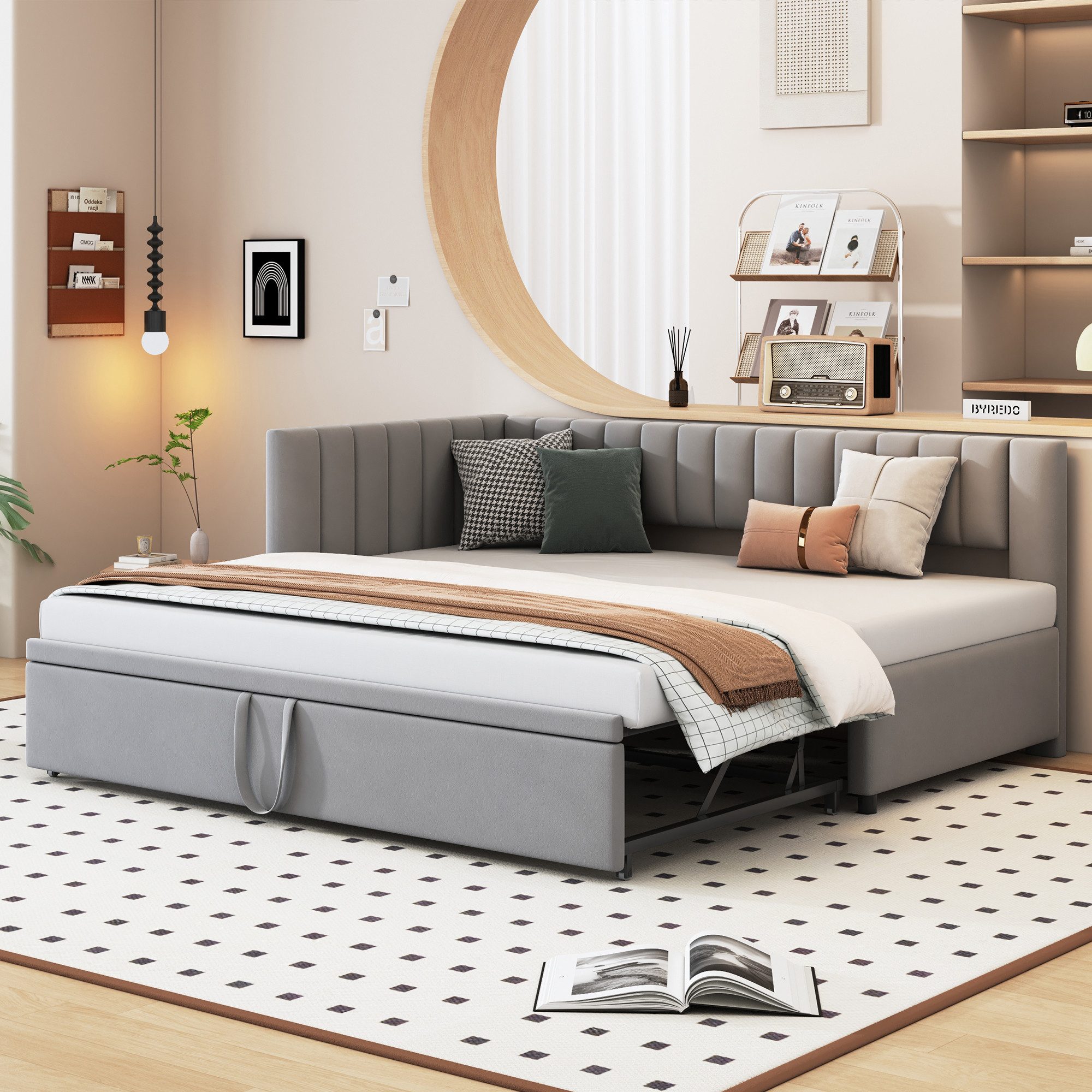 Odikalo Schlafsofa Ausziehbett Polsterbett Daybett Samtstoff 90/180x200cm Grau/Dunkelgrau, Schlaf Couch