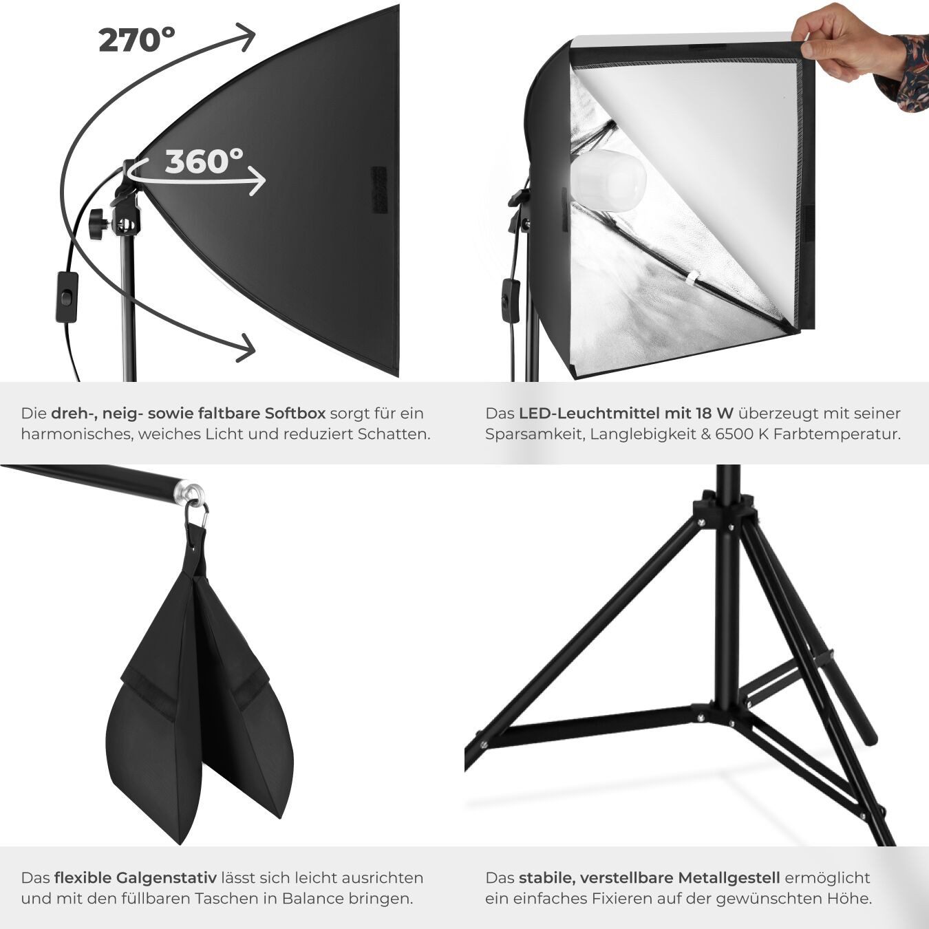 tectake Aluminium Studioleuchte Studio-Stativ-Blitz, (mit Softbox und ausziehbarem Galgenstativ)