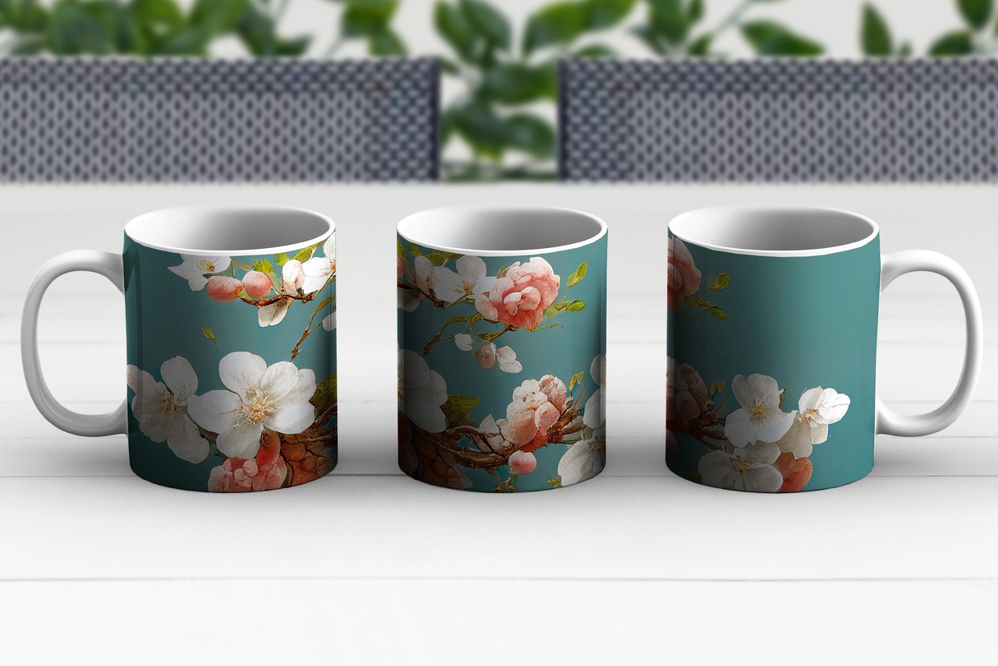 Zweig Blumen Weiß, Teetasse, - Tasse Keramik, - MuchoWow Kirsche Geschenk - Teetasse, Kaffeetassen, - Blüte Becher,