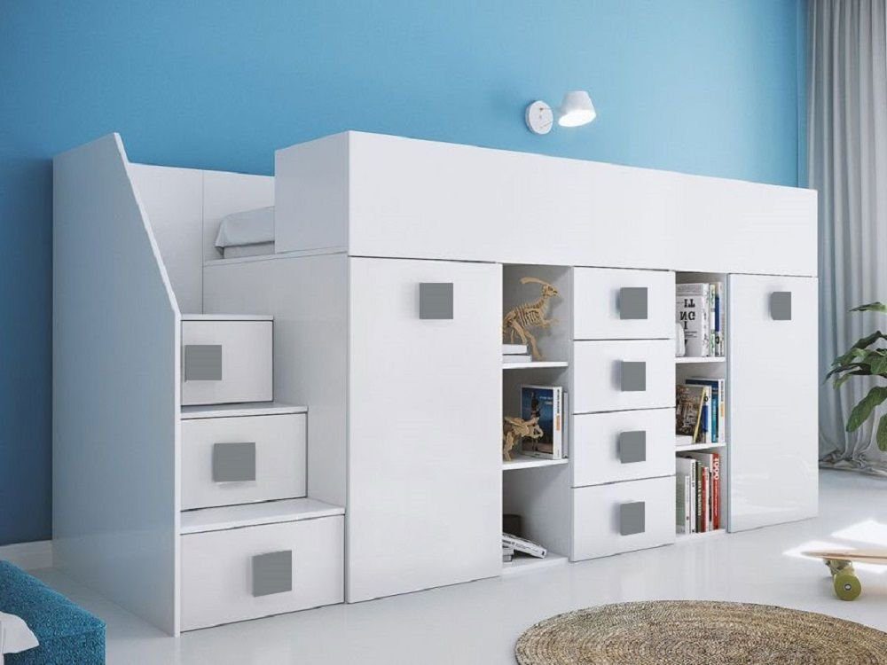 Feldmann-Wohnen Hochbett Kleiderschrank) Griffe Hochglanz + Treppe links weiß Farbe weiß mit - 3 wählbar - Schreibtisch / TOLEDO grau (Etagenbett