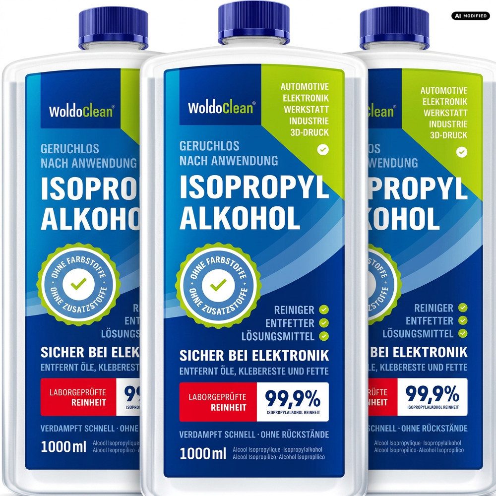 WoldoClean WoldoClean Isopropanol 99,9% Reinigungsalkohol 3er Set Reinigungsalkohol (Hochreiner 99,9% Isopropanol für Elektronikreinigung)