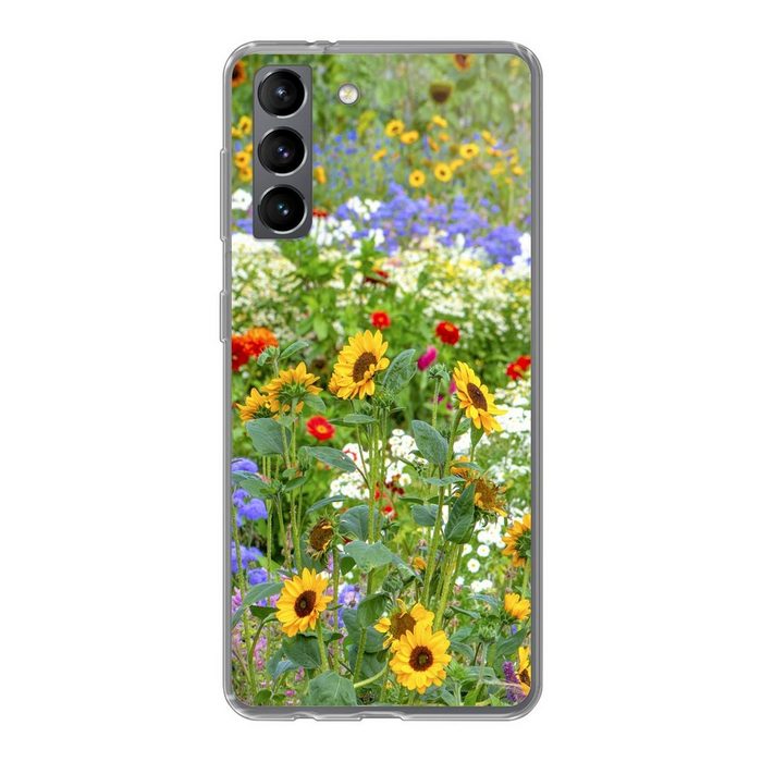 MuchoWow Handyhülle Ziergras mit verschiedenen Blumen Phone Case Handyhülle Samsung Galaxy S21 Silikon Schutzhülle
