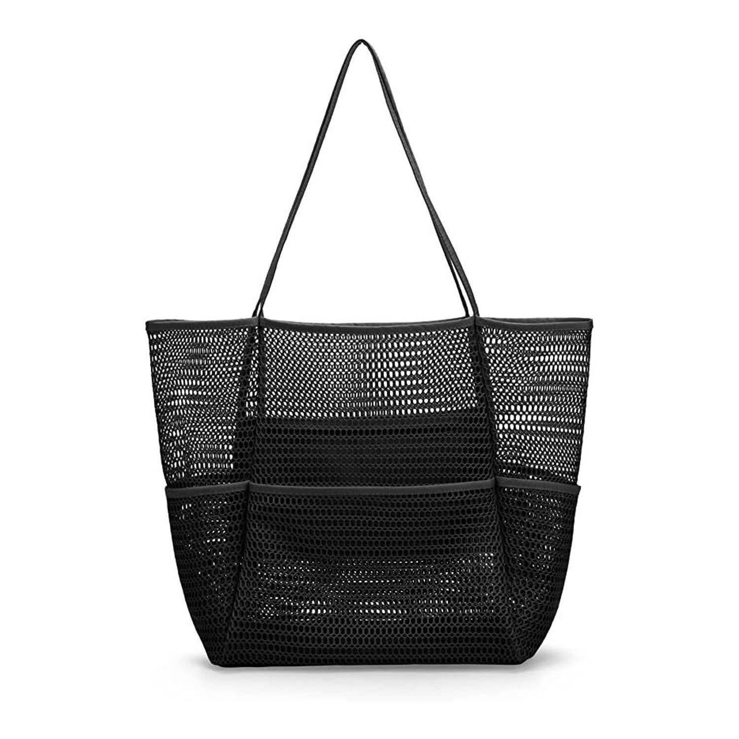 MAGICSHE Trachtentasche Netz-Strandtasche mit Innentasche den mit Strand-Familienkäufer Einkaufstasche Reißverschluss, für schwarz zusammenklappbare Reisen